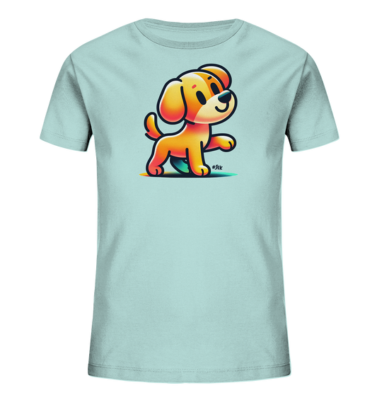 Kinder T-Shirt mit hellbraunem Cartoon-Hund, Lächeln und erhobener Pfote