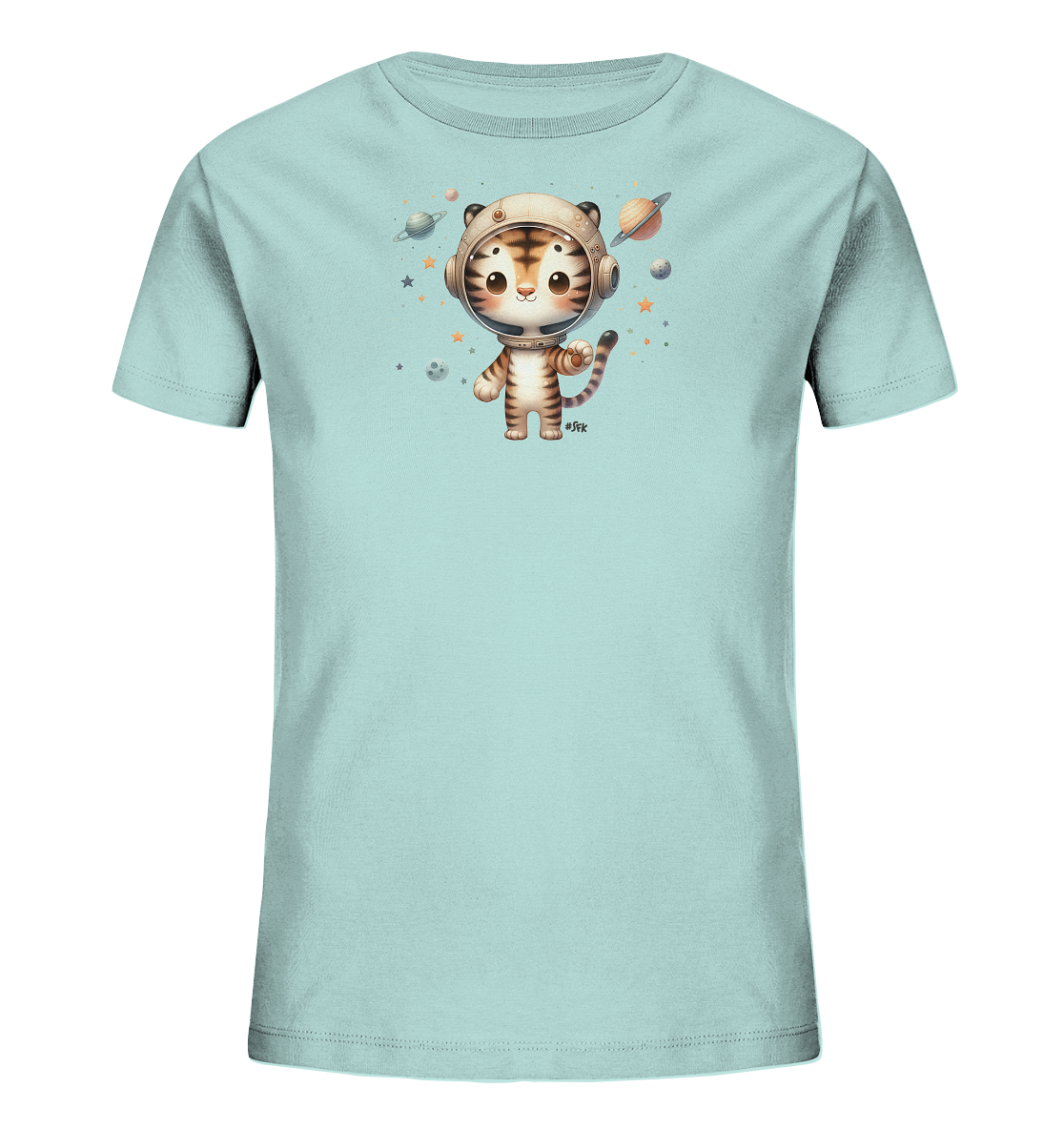 Onlineshop Shirts fuer Kinder - Das Bild zeigt ein hellblaues Kinder-T-Shirt mit einem niedlichen Aufdruck eines Tigers im Astronautenhelm. Der kleine Tiger steht aufrecht und laechelt, umgeben von stilisierten Planeten, Sternen und kleinen Monden. Die Grafik hat einen verspielten Weltraum-Thema-Look. Dieses Motiv verleiht dem Shirt einen abenteuerlichen und freundlichen Charakter.