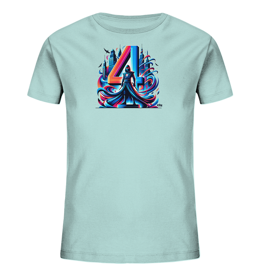 Kinder T-Shirt mit eine dunkle Ninja-Figur vor einer großen farbigen Vier und Stadtsilhouette