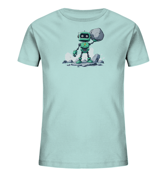 Onlineshop Shirts für Kinder - Das Bild zeigt ein Kinder-T-Shirt in einem hellen Türkiston oder Aqua-Blau. Auf der Vorderseite ist eine detaillierte Grafik eines stilisierten Roboters zu sehen, der hauptsächlich in Grün und Schwarz gehalten ist. Der Roboter steht auf Felsbrocken und hebt einen großen, realistisch dargestellten Stein mit einer Hand über seinen Kopf. Dieses Motiv verleiht dem Shirt einen verspielten und abenteuerlichen Charakter.