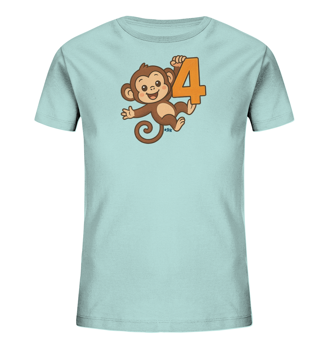 Onlineshop Shirts fuer Kinder - Das Bild zeigt ein hellblaues T-Shirt fuer Kinder mit einer froehlichen Cartoon-Illustration. Ein brauner Affe haelt sich an der orangefarbenen Zahl '4' fest, waehrend er laechelt. Das Motiv ist detailreich gestaltet und sitzt mittig auf der Brust des Shirts. Es verleiht dem Shirt einen verspielten und kindgerechten Charakter.