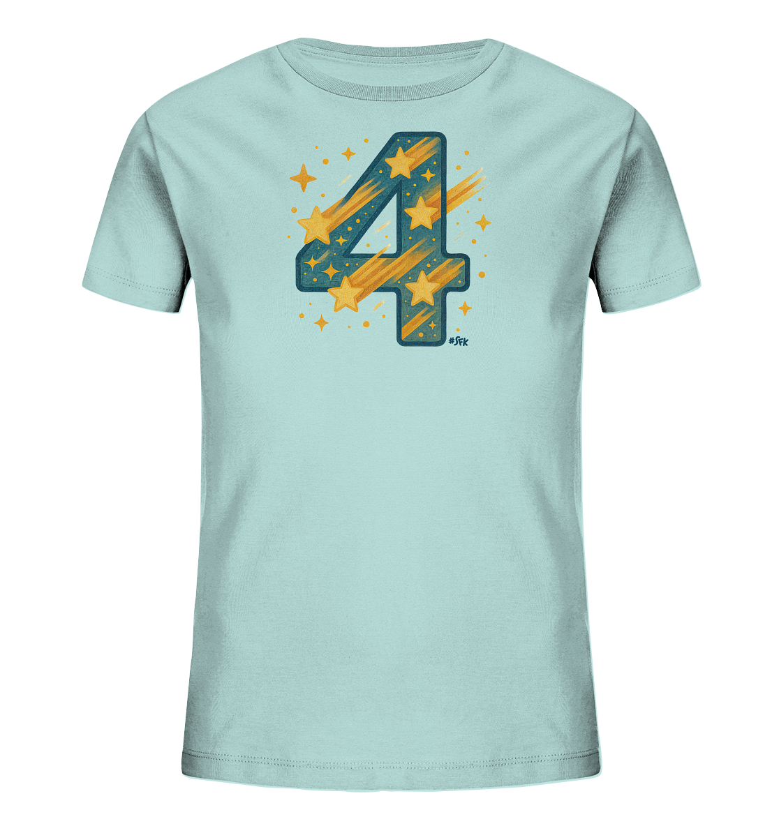 Onlineshop Shirts fuer Kinder - Das Bild zeigt ein hellblaues Kinder-T-Shirt mit einem grossen, auffaelligen Motiv. Im Zentrum steht die Zahl '4', die mit gelben Sternen und fallenden Sternschnuppen gefuellt ist. Kleine Sterne und Punkte umrahmen das Hauptmotiv und verleihen dem Design eine festliche und verspielte Note. Das Shirt ist auf einem neutralen Hintergrund praesentiert.