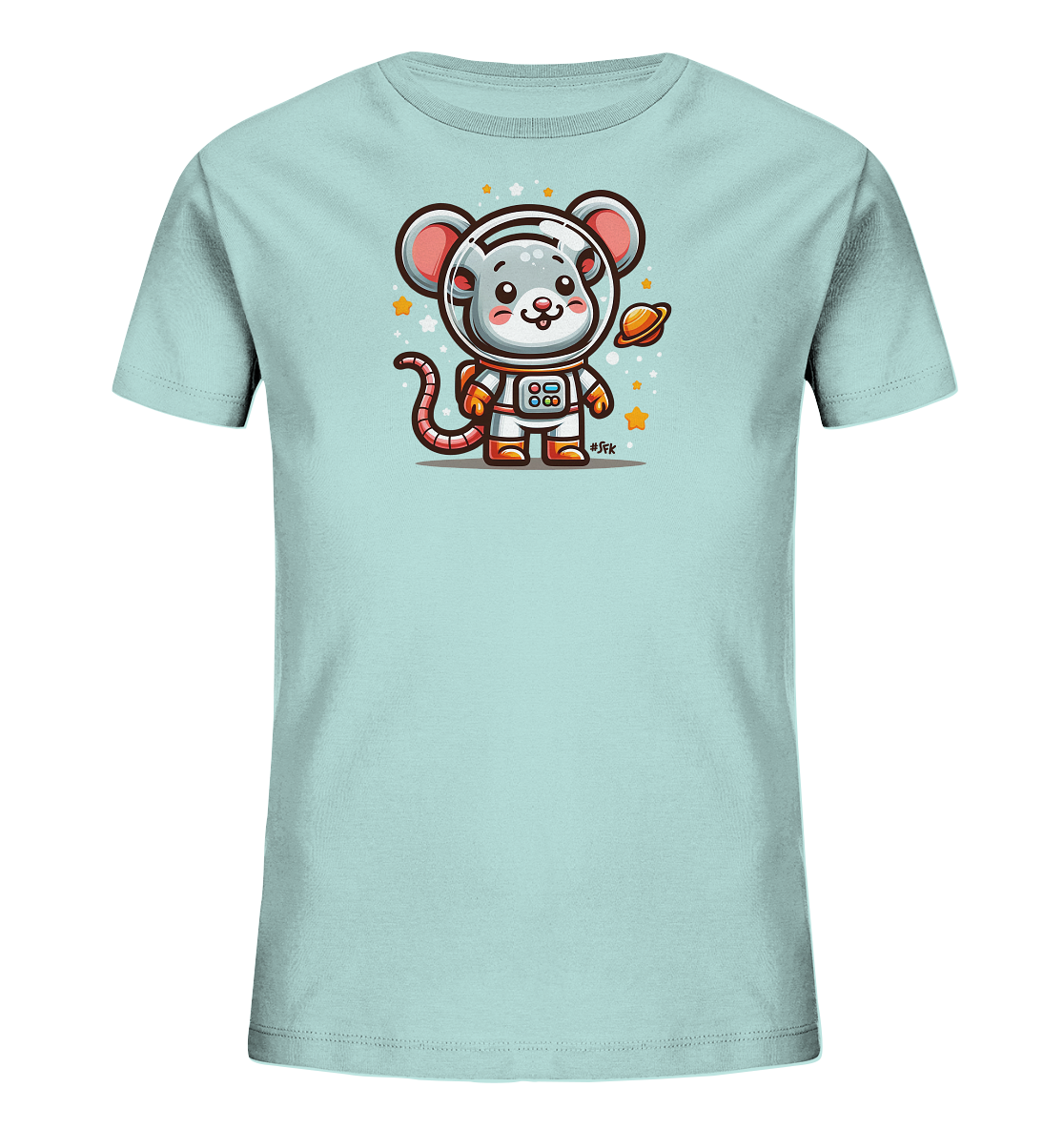 Onlineshop Shirts fuer Kinder - Das Bild zeigt ein hellblaues Kinder-T-Shirt mit einem Weltraum-Motiv. Darauf ist eine niedliche Comic-Maus in einem Astronautenanzug abgebildet. Die Maus haelt einen kleinen Planeten in der Hand und ist von Sternen umgeben. Das Design wirkt verspielt und fantasievoll.