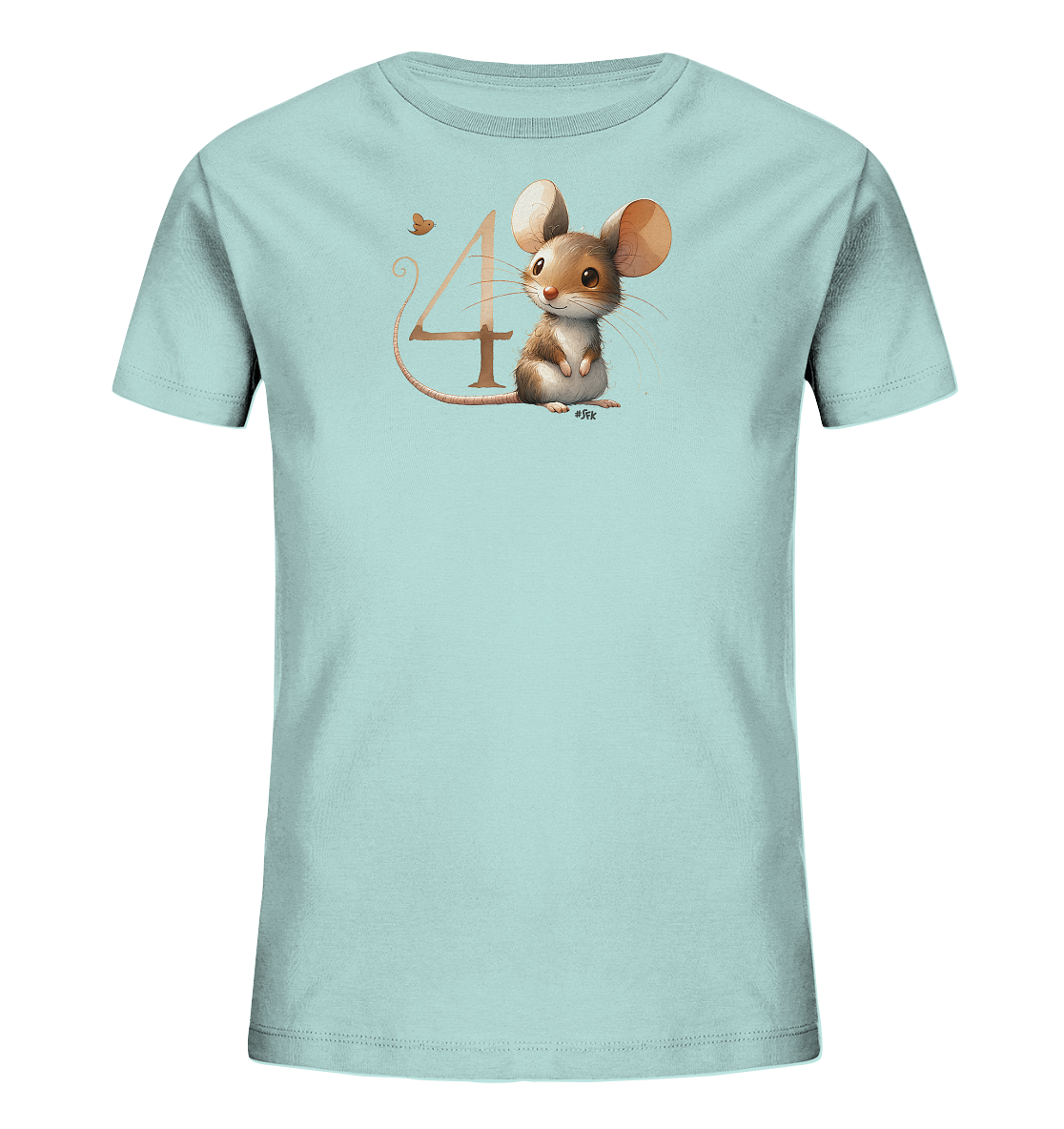 Onlineshop Shirts fuer Kinder - Das Bild zeigt ein hellblaues T-Shirt fuer Kinder mit einem niedlichen Aufdruck. Zu sehen ist eine kleine Maus mit grossen Ohren, die neben der stilisierten Zahl '4' sitzt. Eine zarte Schmetterlingsgrafik ergaenzt das Design. Die Darstellung wirkt freundlich und verspielt auf dem Shirt.