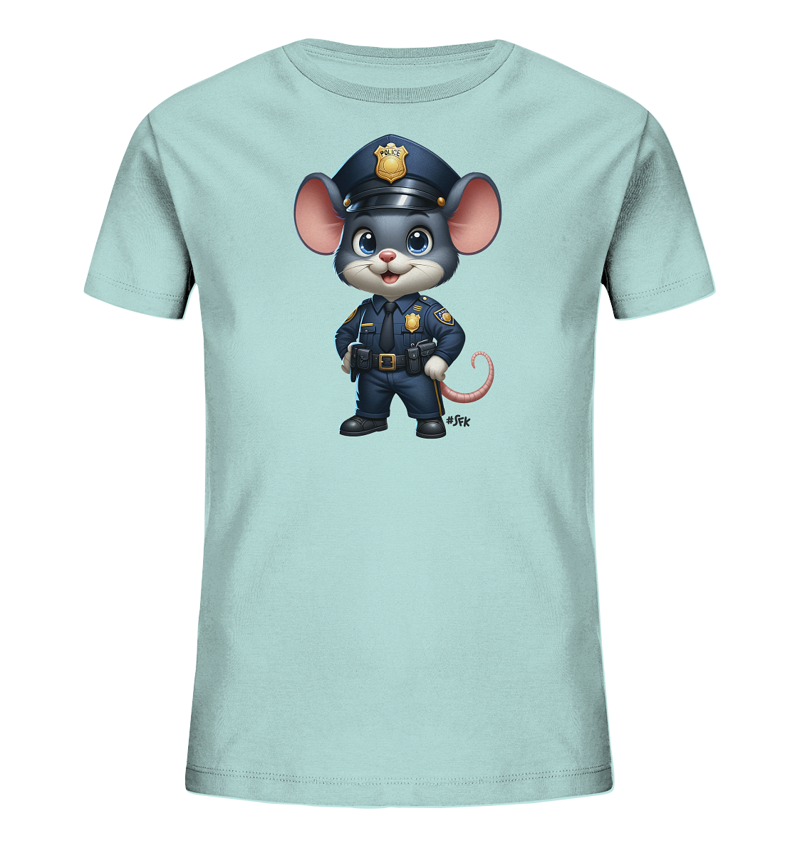 Onlineshop Shirts für Kinder - Das Bild zeigt ein hellblaues T-Shirt mit einem Aufdruck auf der Vorderseite. Der Aufdruck stellt eine anthropomorphe, cartoonartige Maus dar, die eine dunkelblaue Polizeiuniform trägt, komplett mit Mütze, Abzeichen, Gürtel und Holster. Die Maus steht mit den Pfoten in der Hüfte und hat einen freundlichen Ausdruck. Neben dem rechten Fuß der Maus ist ein kleines #SFK zu sehen. Das Motiv ist detailreich und farblich ansprechend gestaltet, ideal für ein Kindershirt.