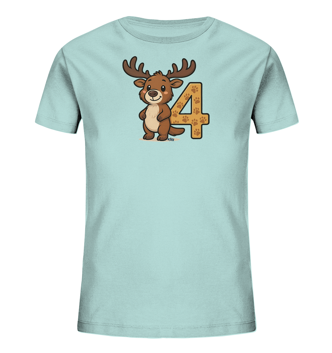 Onlineshop Shirts fuer Kinder - Das Bild zeigt ein hellblaues Kinder-T-Shirt mit einem niedlichen Aufdruck auf der Vorderseite. Zu sehen ist ein freundliches Cartoon-Rentier mit Geweih und laechelndem Gesicht. Direkt daneben steht die grosse Zahl Vier, verziert mit einem Pfotenabdruckmuster. Das Design wirkt verspielt und froehlich, passend fuer Kinder.
