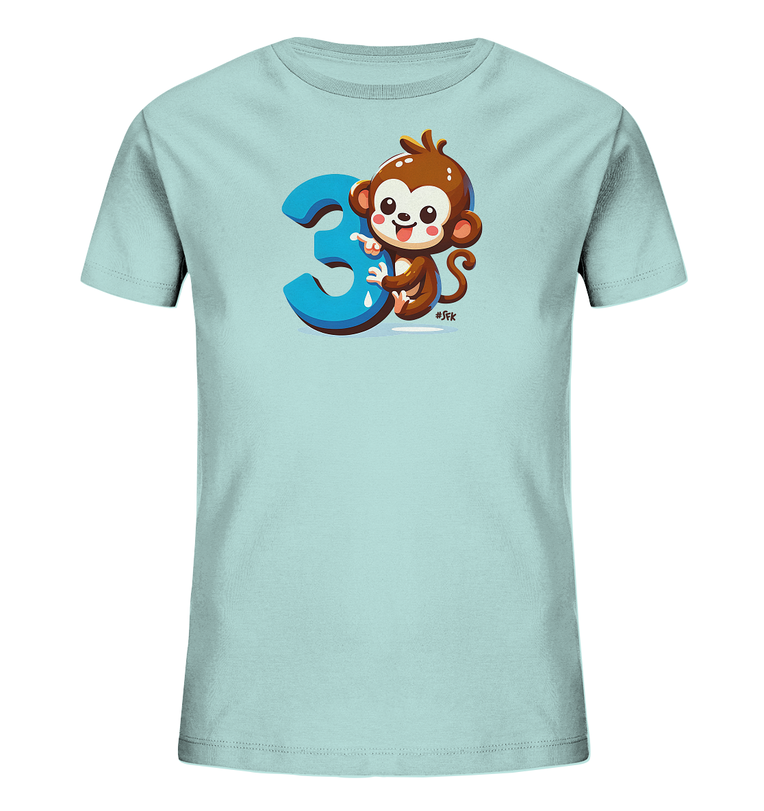 Onlineshop Shirts fuer Kinder - Das Bild zeigt ein hellblaues Kinder-T-Shirt mit einem niedlichen Motiv. Auf der Vorderseite ist ein lachender Cartoon-Affe abgebildet, der neben einer grossen, blauen Zahl 3 sitzt. Das Design ist farbenfroh und verspielt, ideal fuer junge Kinder. Der Affe hat braunes Fell, eine helle Schnauze und froehliche Augen.