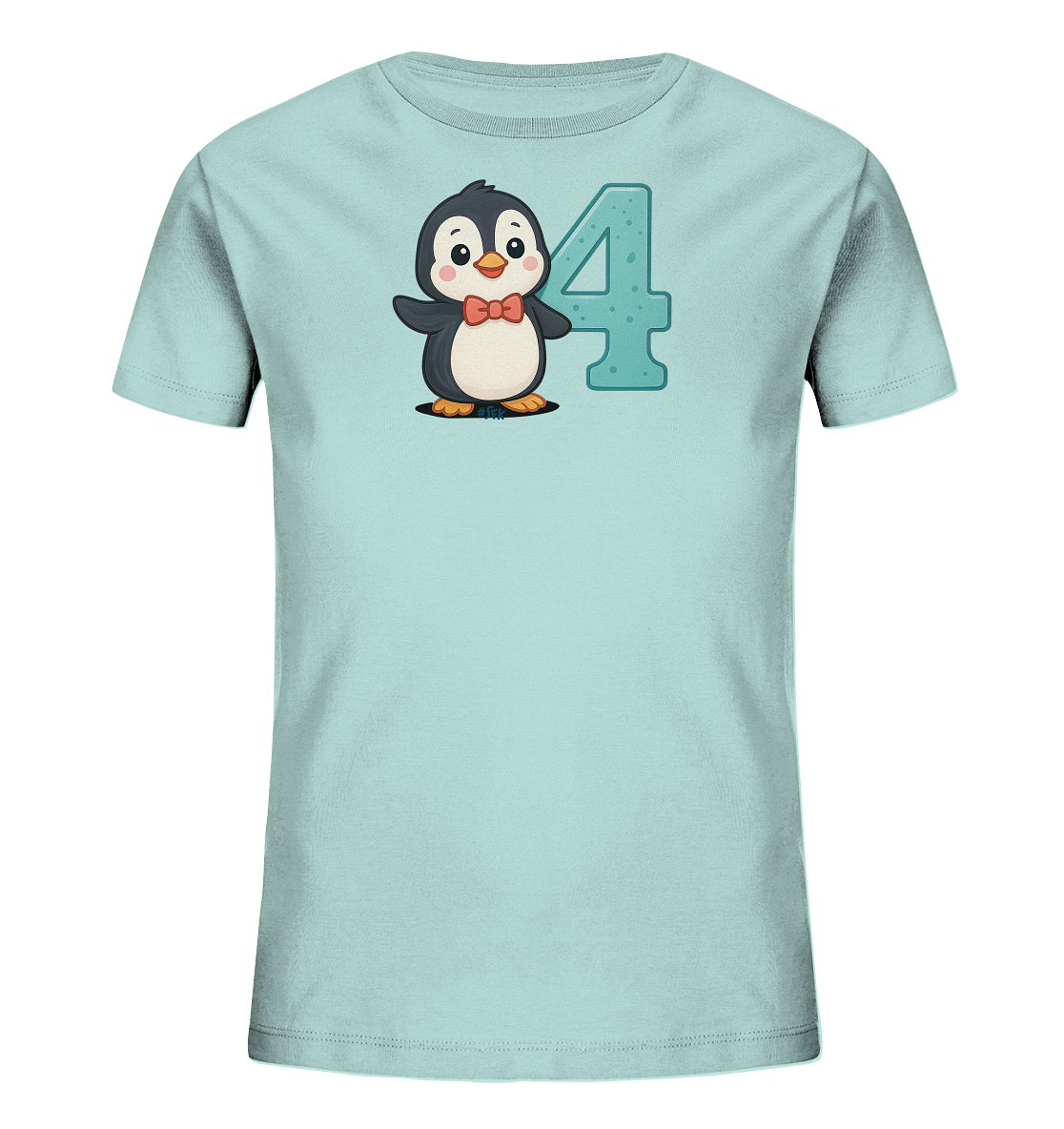 Onlineshop Shirts fuer Kinder - Das Bild zeigt ein hellblaues Kinder-T-Shirt mit einem charmanten Pinguinmotiv. Der Pinguin traegt eine rote Fliege und steht neben einer grossen, stilisierten Zahl 4 in einem Blauton. Das freundliche Design ist ansprechend fuer Kinder.