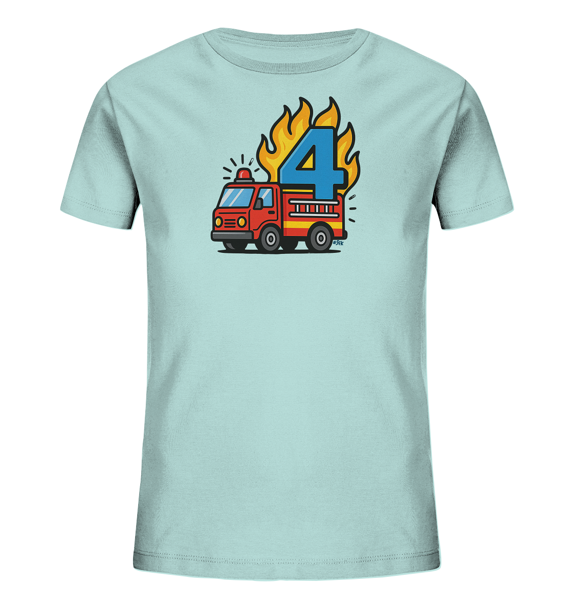 Onlineshop Shirts fuer Kinder - Das Bild zeigt ein hellblaues Kinder-T-Shirt mit einer farbenfrohen Illustration auf der Vorderseite. Im Zentrum des Designs ist ein rotes Cartoon-Feuerwehrauto abgebildet, darauf eine grosse blaue Zahl '4'. Die Zahl wird von dynamischen gelben und orangen Flammen umrahmt. Das Motiv ist detailliert und in einem kindgerechten Stil gehalten.