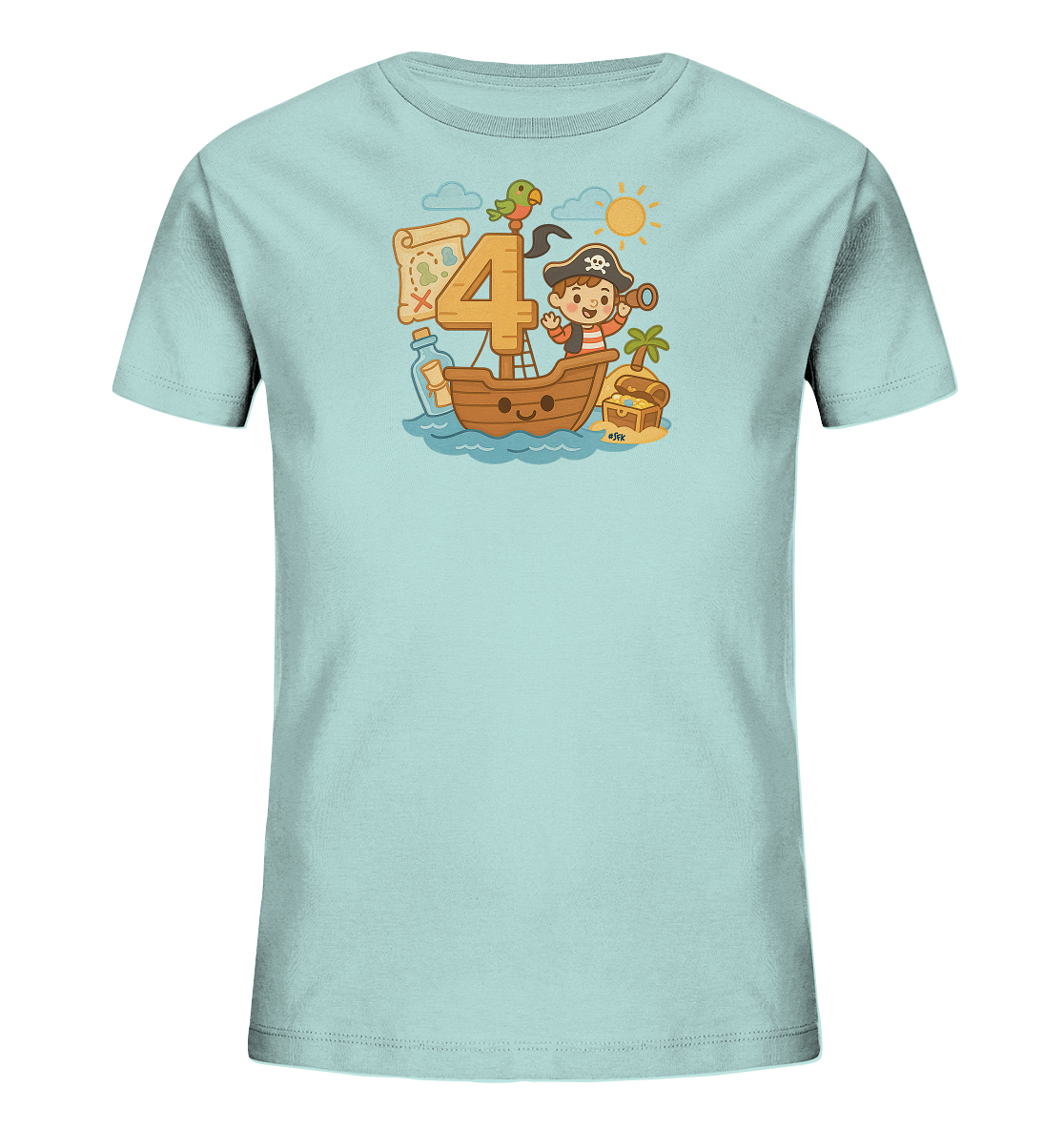 Onlineshop Shirts fuer Kinder - Das hellblaue T-Shirt zeigt ein detailreiches Piratenmotiv. Im Zentrum steht die grosse Zahl Vier, umgeben von einem kleinen Segelboot mit einem Piratenkind. Eine Schatzkarte, ein Papagei, eine Flaschenpost und eine Schatzkiste ergaenzen die Szene, die an ein Abenteuer erinnert.