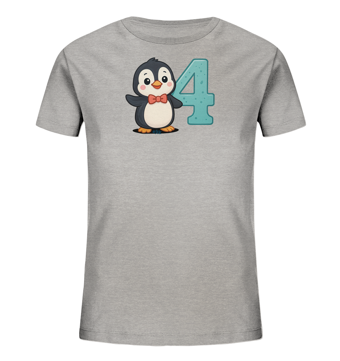 Onlineshop Shirts fuer Kinder - Das Bild zeigt ein hellgraues Kinder-T-Shirt mit einem niedlichen Motiv auf der Vorderseite. Es ist ein Cartoon-Pinguin mit roter Fliege abgebildet, der freundlich aussieht. Neben dem Pinguin steht eine grosse, hellblaue Zahl '4'. Das Design ist verspielt und passend fuer Kinder.