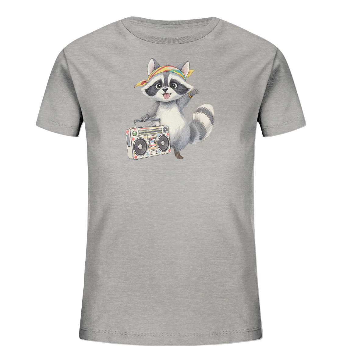 Onlineshop Shirts fuer Kinder - Das Bild zeigt ein graues Kinder-T-Shirt mit einem froehlichen Waschbaer-Motiv auf der Vorderseite. Der Waschbaer traegt ein farbenfrohes Halstuch und haelt einen detailreichen Ghettoblaster. Er hat eine verspielte Haltung mit offenem Mund und ausgestreckter Hand. Das Design verleiht dem Shirt einen coolen und lustigen Look.