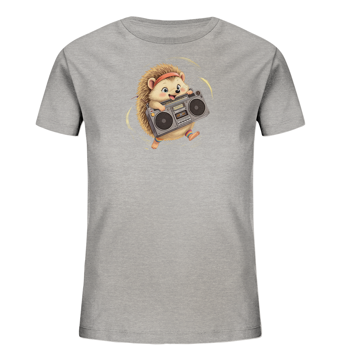 Onlineshop Shirts fuer Kinder - Das Bild zeigt ein graues T-Shirt fuer Kinder. Auf der Vorderseite ist eine lustige Cartoon-Illustration eines Igels zu sehen, der ein rotes Stirnband traegt und einen Ghettoblaster haelt. Der Igel hat einen froehlichen Ausdruck und scheint sich zu bewegen, umgeben von gelben Wirbeln. Dieses Design wirkt lebhaft und verspielt.