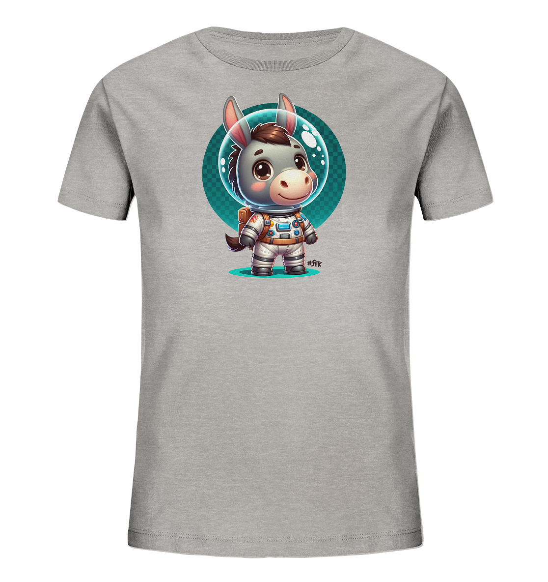 Onlineshop Shirts fuer Kinder - Das Bild zeigt ein hellgraues T-Shirt mit einem niedlichen Aufdruck eines cartoonhaften Esels in einem Astronautenanzug. Der Esel traegt einen durchsichtigen Helm und steht vor einem kreisfoermigen, tuerkisfarbenen Hintergrund mit einem Schachbrettmuster. Das Design ist verspielt und ideal fuer Weltraumfans.