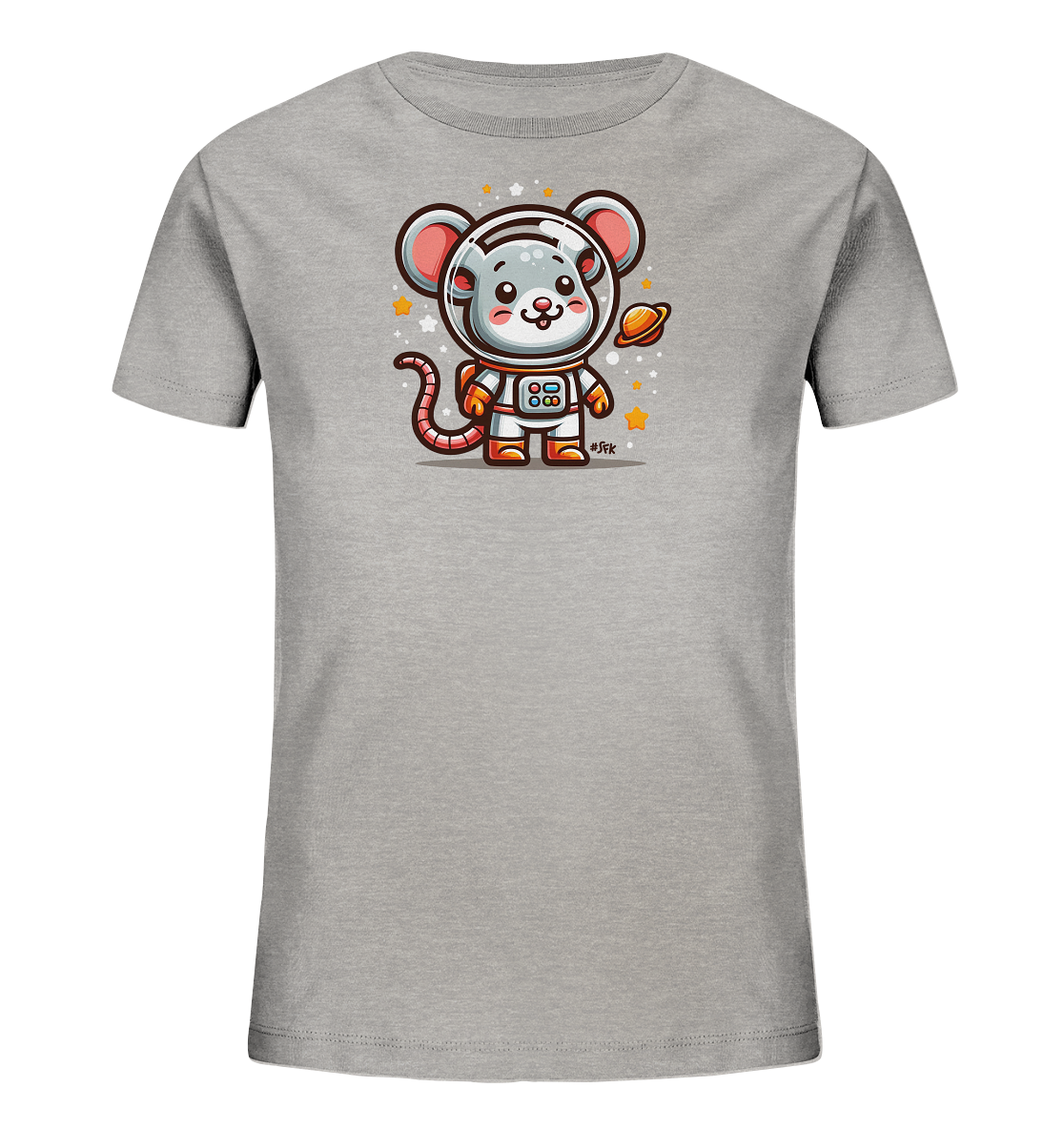 Onlineshop Shirts fuer Kinder - Das Bild zeigt ein graues Kinder-T-Shirt mit einem niedlichen Aufdruck. Das Motiv ist eine cartoonhafte Maus in einem Astronautenanzug. Sie haelt einen kleinen Planeten in der Hand und ist von Sternen umgeben. Das Design ist verspielt und thematisiert das Weltall.