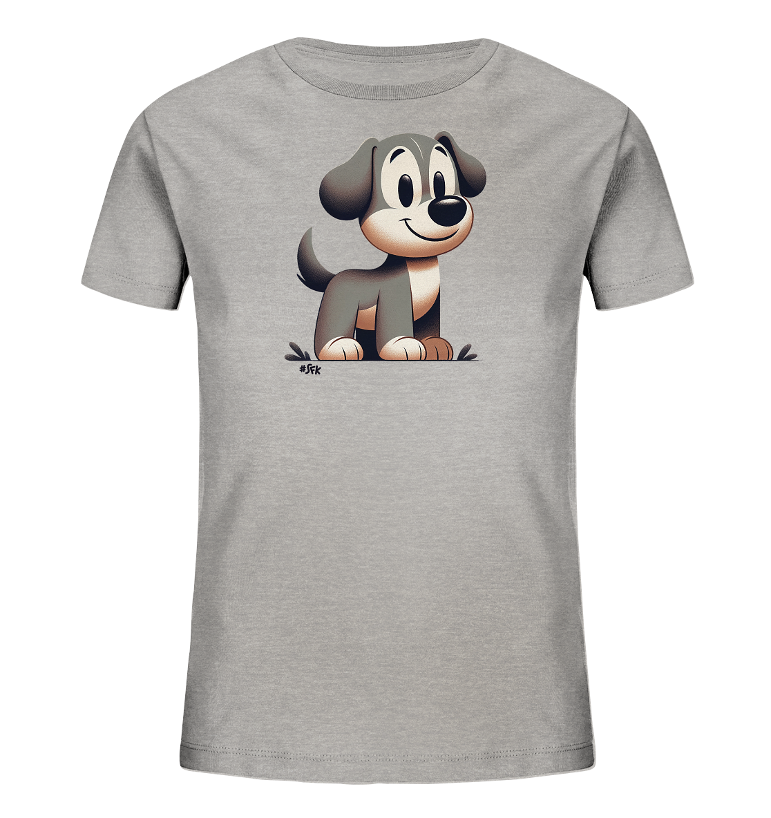 Onlineshop Shirts fuer Kinder - Das Bild zeigt ein hellgraues Kinder-T-Shirt, bedruckt mit einer freundlichen Cartoon-Darstellung eines Hundes. Der Hund hat dunkleres Fell, grosse, ausdrucksstarke Augen und ein breites Grinsen, waehrend er auf dem Boden sitzt. Das verspielte Design mit dem niedlichen Tier-Motiv ist ideal fuer junge Traeger.