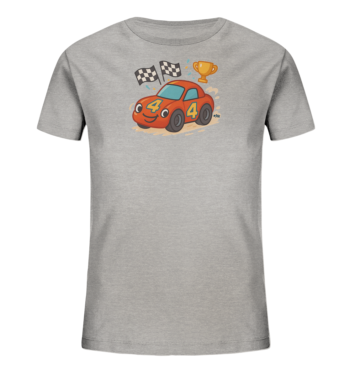 Onlineshop Shirts fuer Kinder - Das Bild zeigt ein graues Kinder-T-Shirt mit einer Comic-Illustration auf der Vorderseite. Das Motiv stellt ein rotes Rennauto mit einem laechelnden Gesicht und der grossen Zahl '4' dar. Im Hintergrund sind zwei Zielflaggen, ein goldener Pokal und farbenfrohe Konfetti-Elemente abgebildet. Das Design vermittelt eine spielerische und siegreiche Rennsport-Atmosphaere.