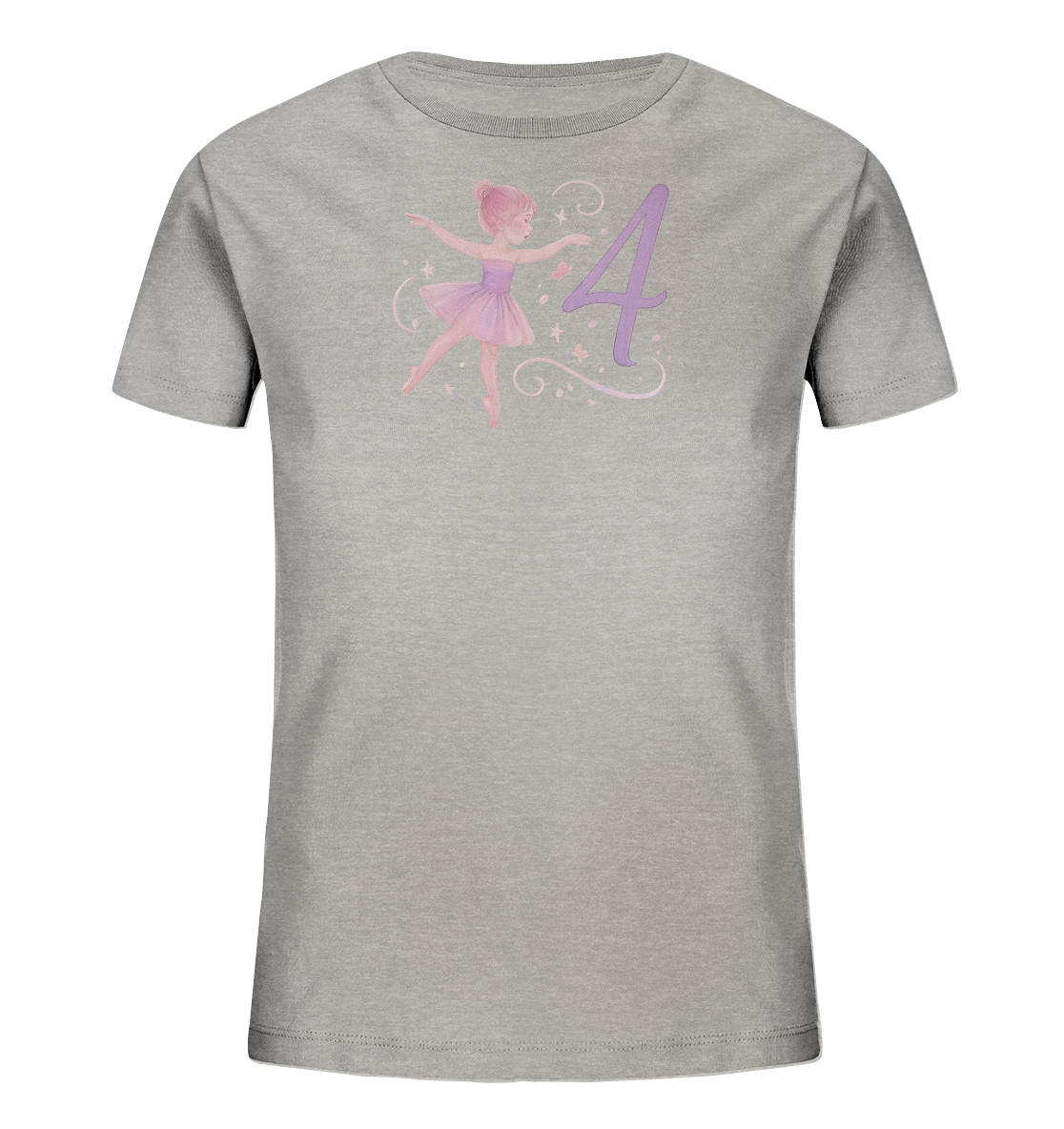 Onlineshop Shirts fuer Kinder - Dieses graue Kinder T-Shirt zeigt eine zarte Illustration einer jungen Ballerina in pinkem Kleid. Neben ihr ist eine grosse, stilisierte Zahl '4' in einem passenden Lila-Ton platziert. Das Design wird durch kleine Sterne, Schmetterlinge und verspielte Schnoerkel ergaenzt. Das gesamte Motiv strahlt eine leichte und anmutige Stimmung aus.