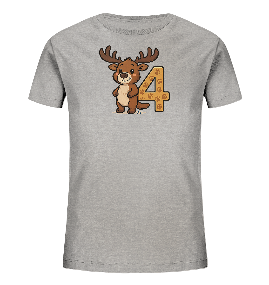 Onlineshop Shirts fuer Kinder - Das Bild zeigt ein graues Kinder-T-Shirt mit einem Aufdruck auf der Vorderseite. Zu sehen ist ein laechelndes Cartoon-Reh mit Geweih, das neben der grossen Zahl '4' steht. Die Zahl ist auffaellig gestaltet und mit einem Muster aus kleinen Pfotenabdruecken verziert. Das gesamte Design wirkt freundlich und verspielt.