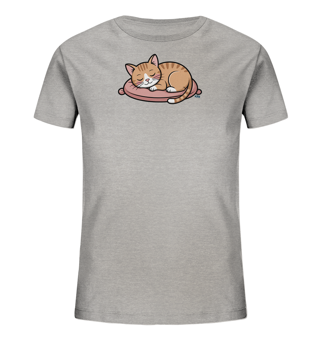 Onlineshop Shirts fuer Kinder - Das Bild zeigt ein hellgraues Kinder-T-Shirt. Auf der Vorderseite ist eine schlafende, orange getigerte Katze abgebildet, die friedlich auf einem rosafarbenen Kissen liegt. Das Design strahlt Ruhe und Niedlichkeit aus, ideal fuer Kinder.