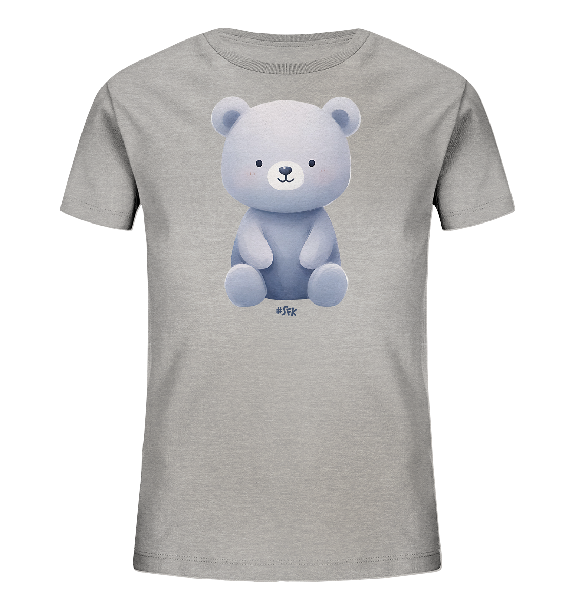 Onlineshop Shirts fuer Kinder - Das Bild zeigt ein graues T-Shirt fuer Kinder. Auf der Vorderseite befindet sich eine niedliche Illustration eines hellblauen Baeren im Cartoon-Stil. Der Baer sitzt in einer aufrechten Position und hat ein freundliches Gesicht mit roten Wangen. Das schlichte Design verleiht dem Shirt einen charmanten und kinderfreundlichen Look.