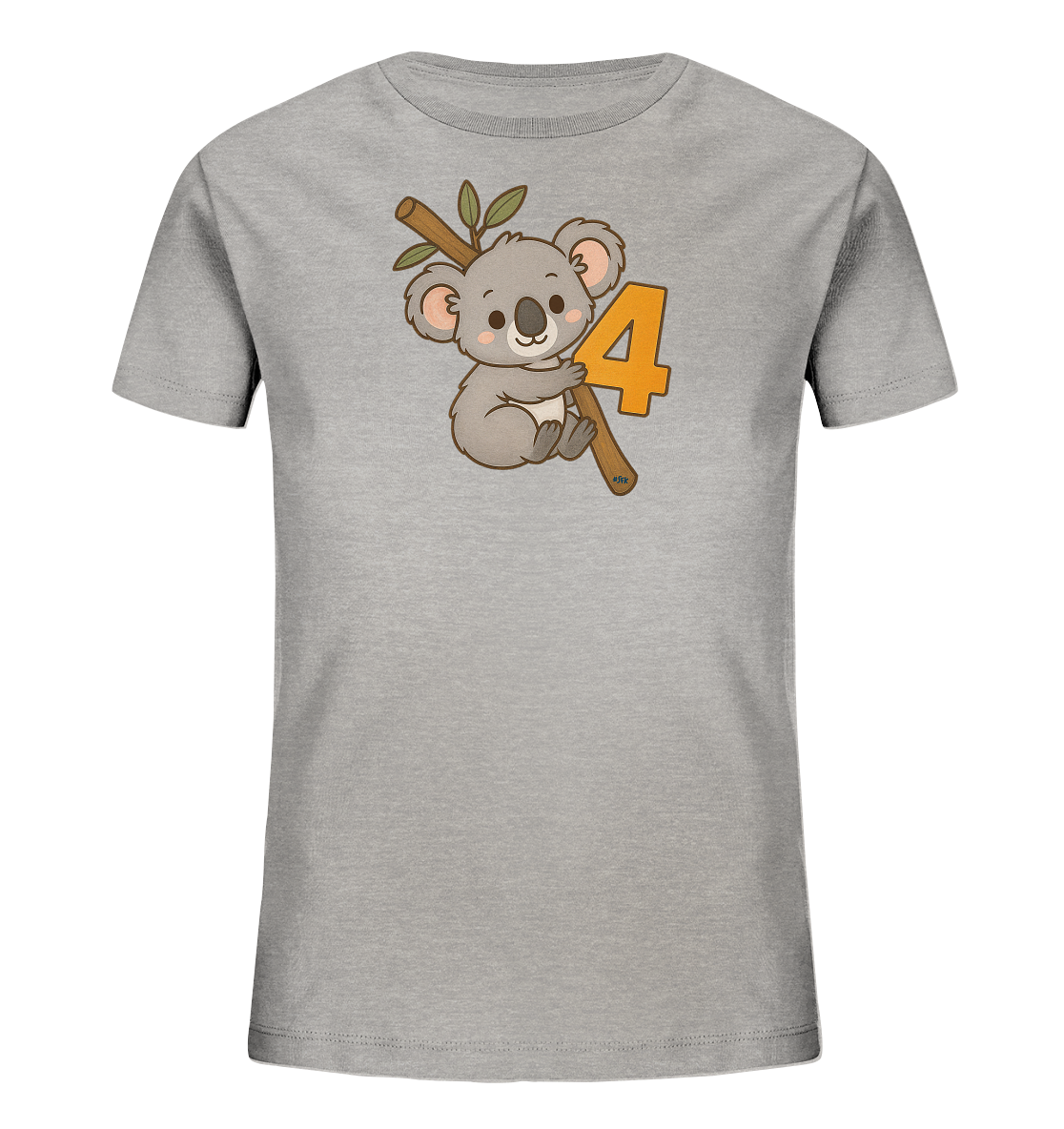 Onlineshop Shirts fuer Kinder - Das Bild zeigt ein graues T-Shirt fuer Kinder mit einer niedlichen Koala-Illustration. Der Koala haengt an einem Ast mit Blaettern, und neben ihm ist die Zahl '4' abgebildet. Das verspielte Design verleiht dem Shirt einen froehlichen Charakter.