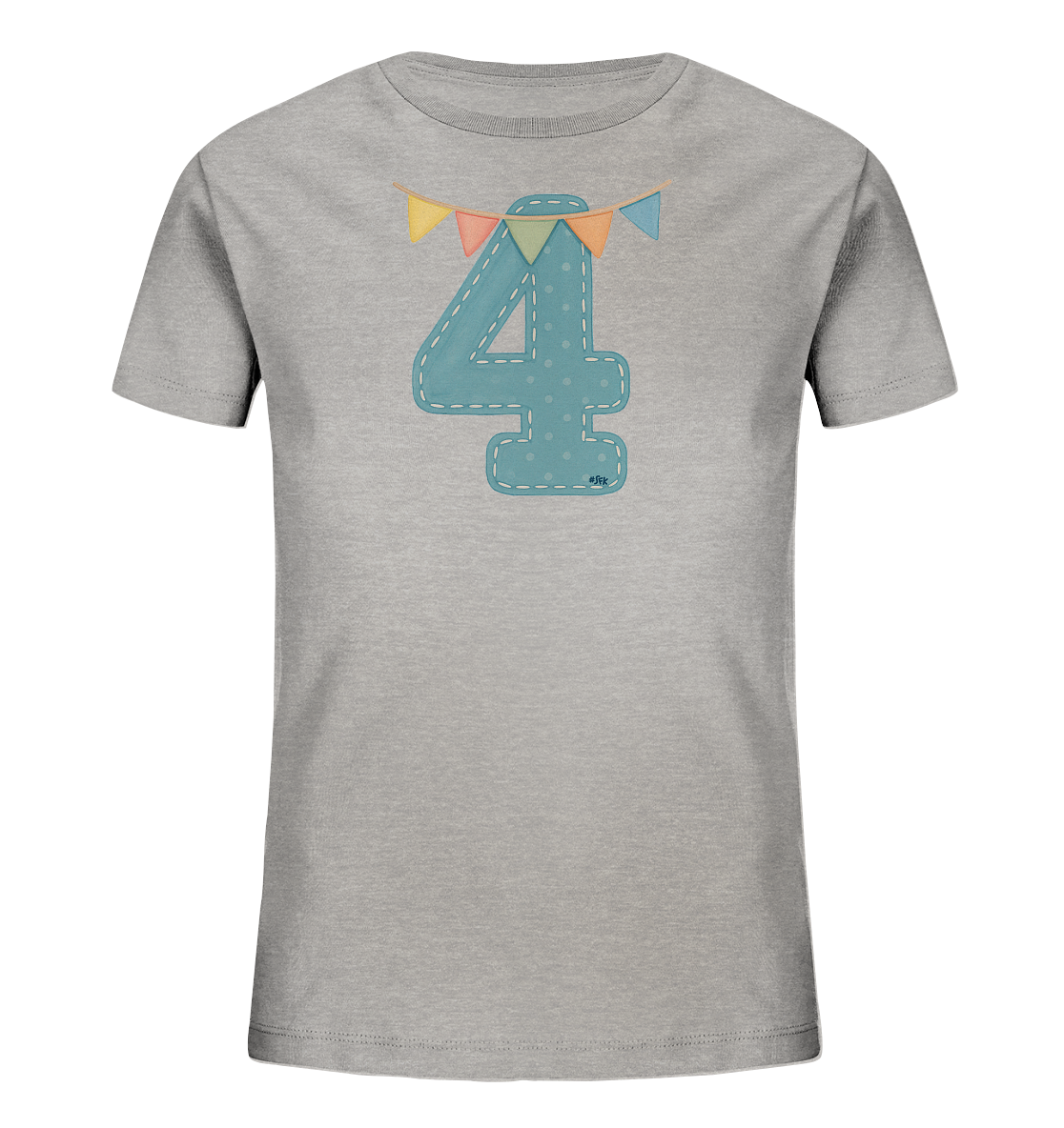 Onlineshop Shirts fuer Kinder - Das Bild zeigt ein graues T-Shirt fuer Kinder. Auf der Vorderseite ist eine grosse blaue Zahl 4 mit einem Muster aus hellen Punkten und einer gestickten Kontur zu sehen. Über der Zahl ist eine bunte Wimpelkette mit kleinen, dreieckigen Fahnen in verschiedenen Farben angebracht. Das Design wirkt festlich und verspielt.