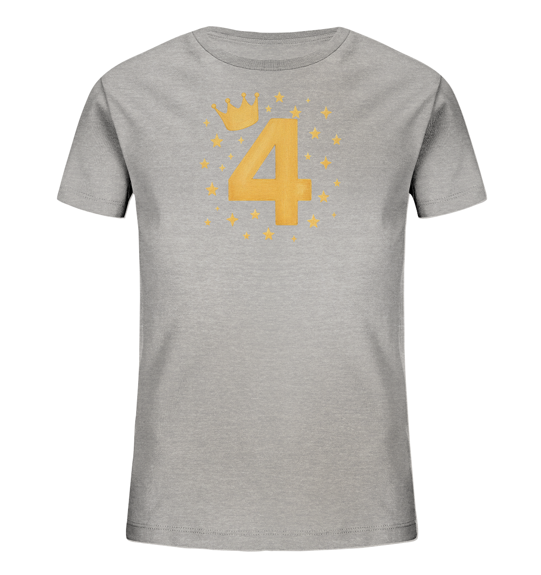 Onlineshop Shirts fuer Kinder - Das Bild zeigt ein graues T-Shirt fuer Kinder mit einem zentralen Motiv. Es zeigt die goldene Zahl 4, gekroent von einer passenden goldenen Krone. Rund um die Zahl und Krone sind viele kleine goldene Sterne angeordnet. Das Design wirkt festlich und verspielt.