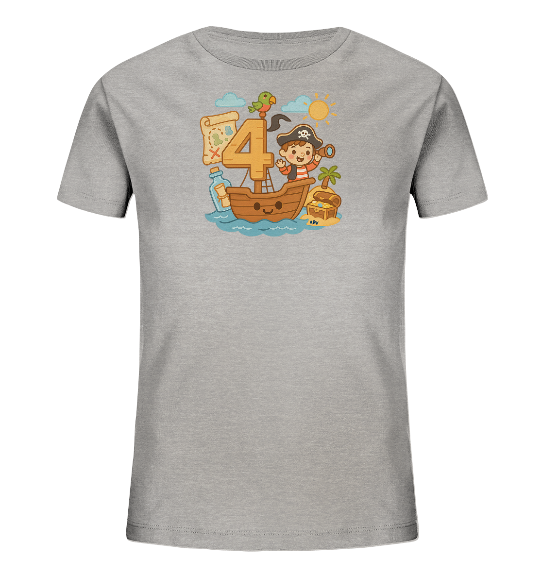 Onlineshop Shirts fuer Kinder - Das graue Kinder-T-Shirt zeigt eine froehliche Illustration zum Thema Piraten. Ein kleiner Pirat faehrt in einem Boot, neben einer grossen Zahl 4, die von einem Papagei gekroent wird. Elemente wie eine Schatzkarte, Flaschenpost und eine Schatzkiste ergaenzen das maritime Motiv. Das Design ist verspielt und detailreich, ideal fuer junge Abenteurer.