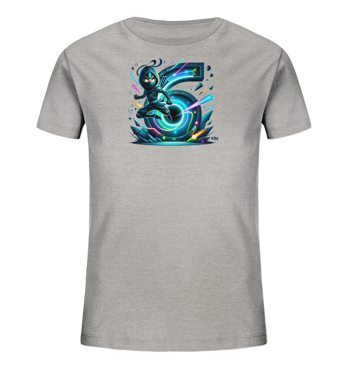 Onlineshop Shirts fuer Kinder - Dieses hellgraue T-Shirt zeigt ein dynamisches Motiv mit einer grossen, leuchtenden Zahl 6 in Neonfarben wie Blau, Gruen und Pink. Eine kleine Figur in dunkler Kleidung springt daneben. Die Grafik ist von leuchtenden Linien und geometrischen Formen umgeben, was einen modernen, energetischen Look ergibt.