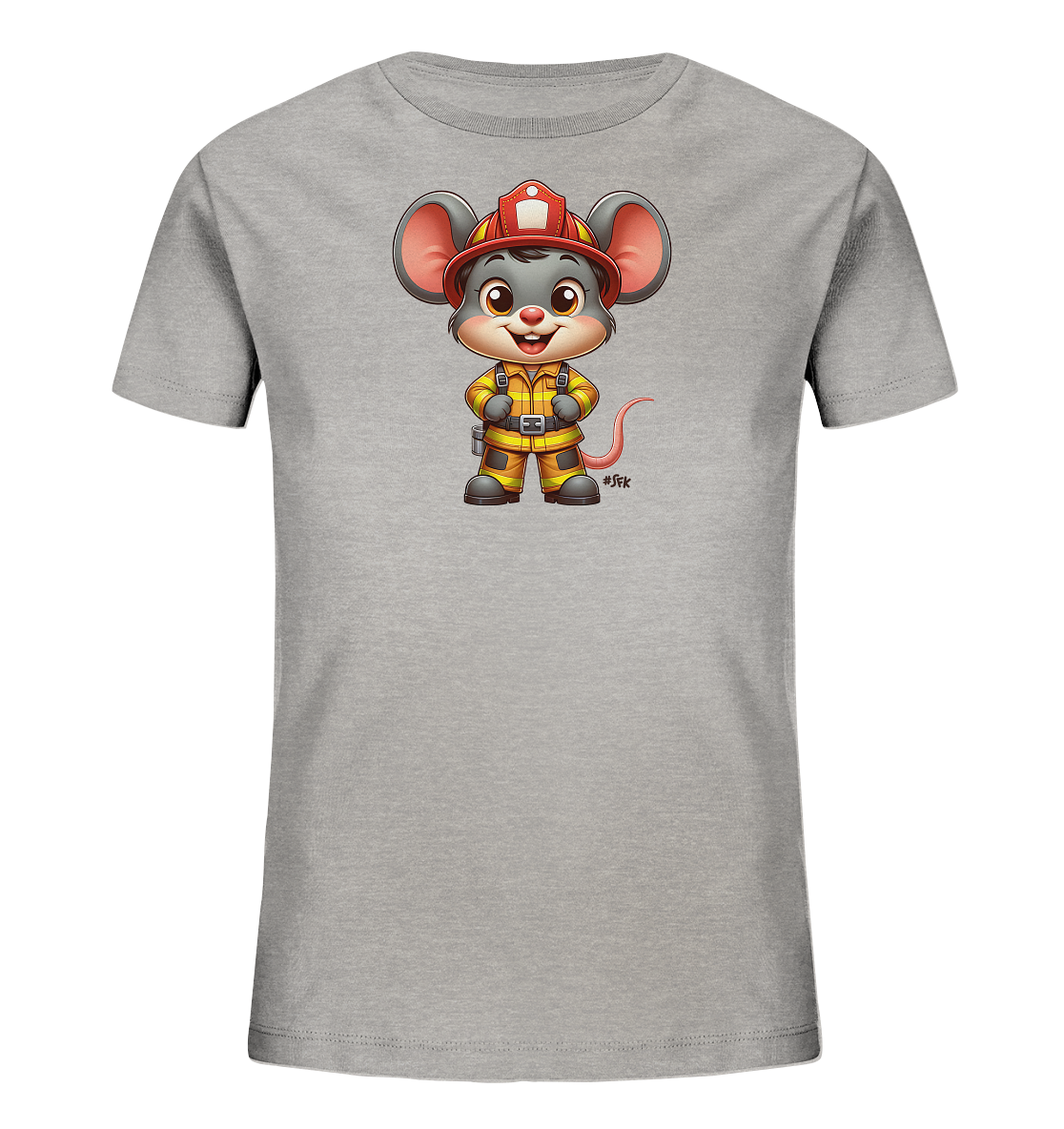 Onlineshop Shirts fuer Kinder - Das Bild zeigt ein graues Kinder-T-Shirt mit einer niedlichen Comic-Maus als Motiv auf der Vorderseite. Die Maus traegt eine vollstaendige Feuerwehrmann-Uniform mit rotem Helm und gelber Kleidung. Sie steht aufrecht mit ihren Pfoten an der Huefte und hat einen freundlichen, laechelnden Ausdruck. Das detailreiche Design ist zentral auf dem Shirt platziert und in lebendigen Farben gehalten.