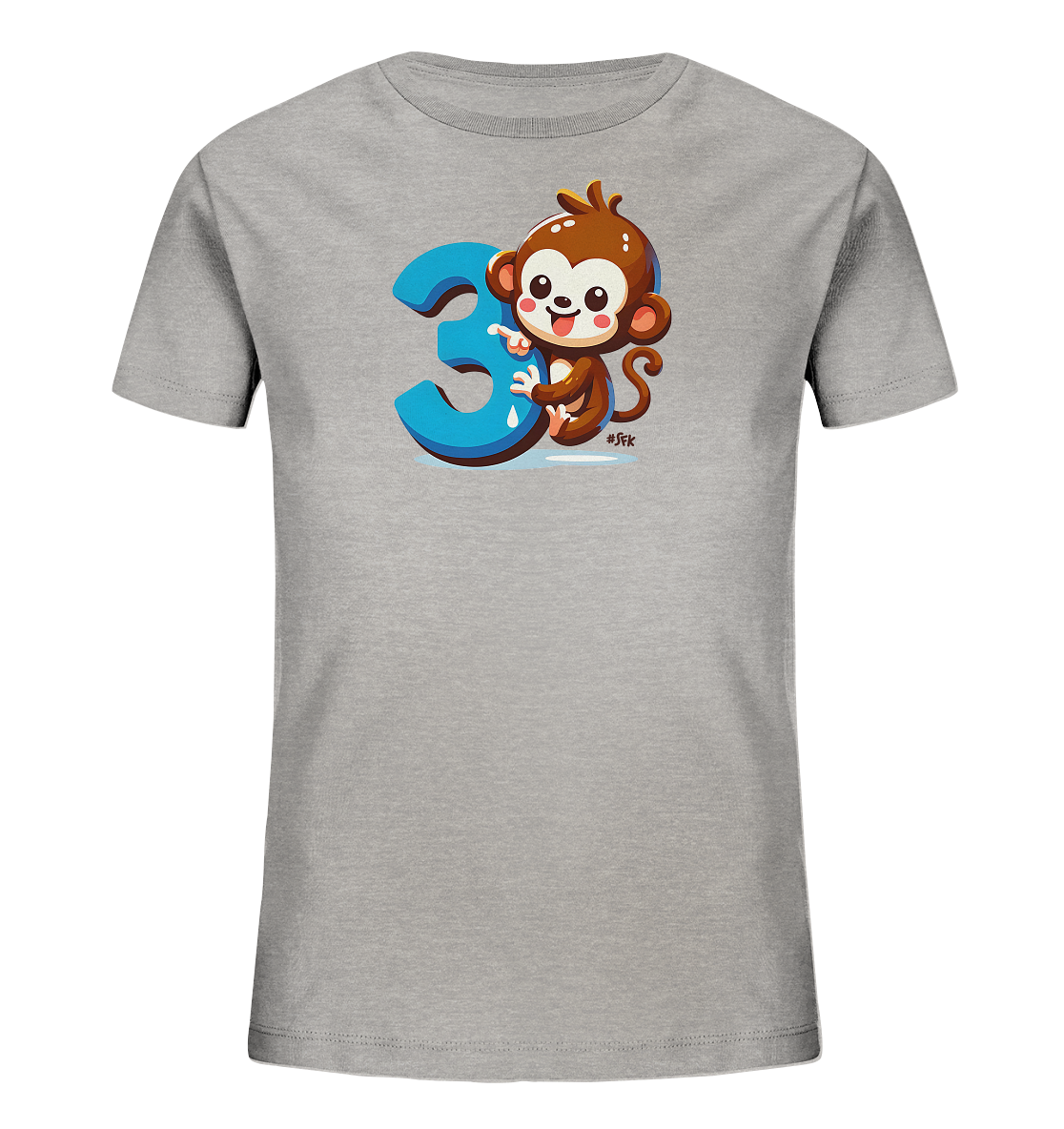 Onlineshop Shirts fuer Kinder - Das Bild zeigt ein hellgraues Kinder-T-Shirt. Auf der Vorderseite ist eine niedliche, cartoonartige Affenfigur abgebildet. Der Affe sitzt neben einer grossen blauen Zahl '3' und scheint diese zu beruehren. Dieses Design wirkt verspielt und ist fuer Kinder ansprechend.
