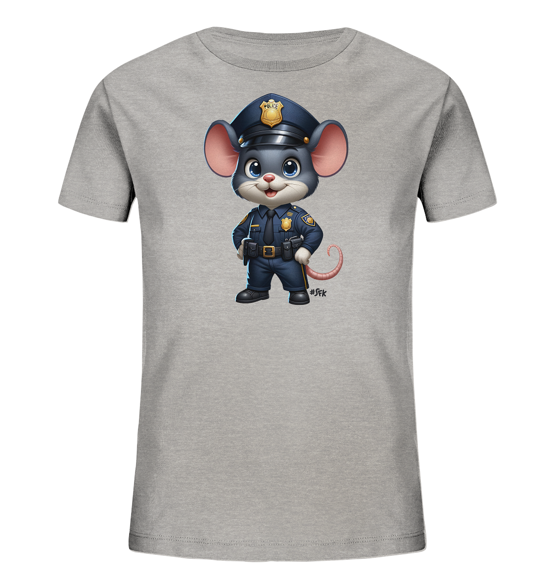 Onlineshop Shirts für Kinder - Das Bild zeigt ein graues T-Shirt für Kinder mit einem Aufdruck einer Maus in Polizeiuniform auf der Vorderseite. Die Maus trägt eine dunkelblaue Polizeimütze mit Abzeichen, ein passendes Hemd mit Emblemen auf den Ärmeln und der Brust sowie einen Gürtel mit Holster. Sie steht aufrecht mit den Händen in den Hüften und hat einen freundlichen, lächelnden Ausdruck. Dieses verspielte Motiv ist zentral auf dem Stoff platziert und für Kinder konzipiert.