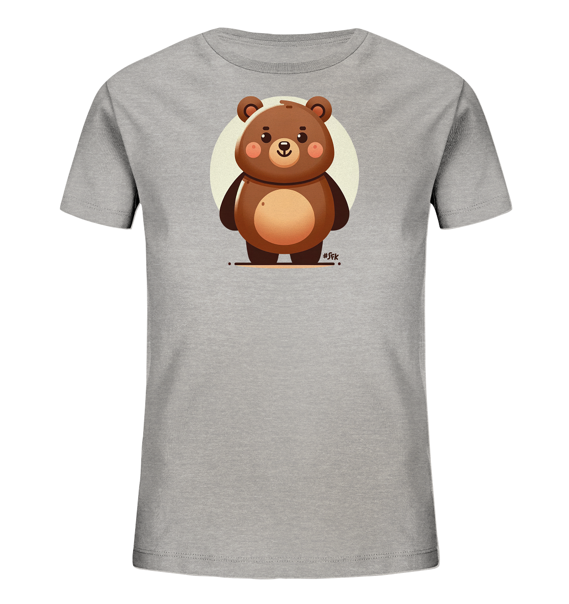Onlineshop Shirts fuer Kinder - Das Bild zeigt ein graues T-Shirt fuer Kinder mit einem niedlichen, cartoonhaften Baerenmotiv in der Mitte. Der braune Baer hat grosse, runde Augen und rote Wangen. Er steht vor einem hellen, runden Hintergrund. Das Design wirkt verspielt und ansprechend.