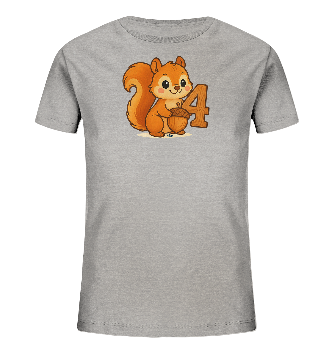 Onlineshop Shirts fuer Kinder - Das Bild zeigt ein graues T-Shirt fuer Kinder mit einer niedlichen Illustration auf der Vorderseite. Zu sehen ist ein orange-braunes Eichhoernchen, das eine Eichel haelt. Neben dem Eichhoernchen steht eine grosse, braune Zahl '4' mit Holztextur. Das verspielte Motiv ist ansprechend fuer Kinder.