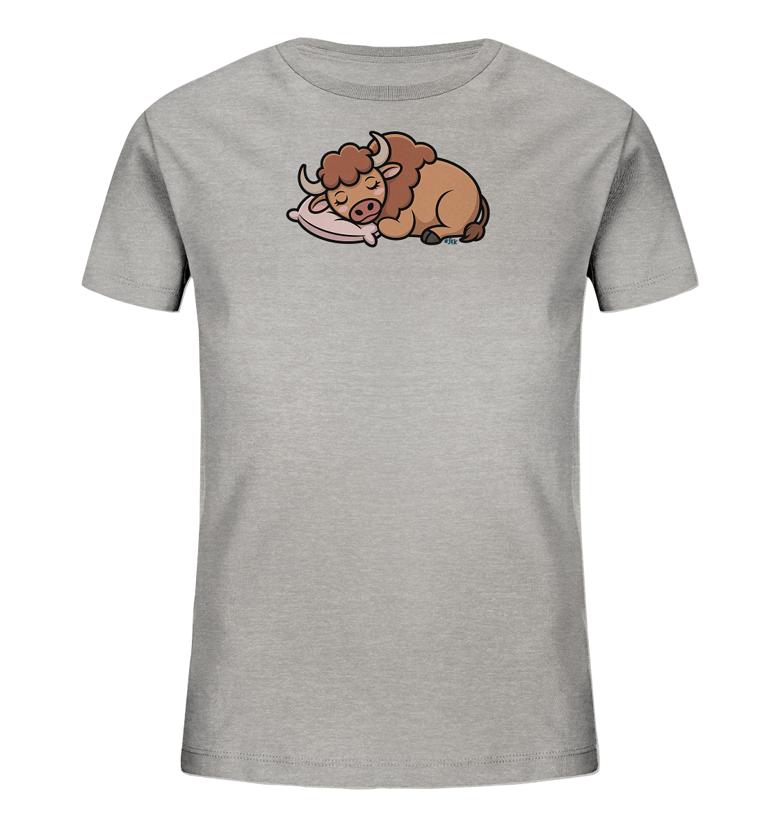 Onlineshop Shirts fuer Kinder - Das Bild zeigt ein hellgraues Kinder-T-Shirt mit kurzen Ärmeln auf einem dunklen Hintergrund. Auf der Vorderseite ist eine niedliche, cartoonartige Illustration eines schlafenden Bisons zu sehen. Das braune Tier mit kleinen Hoernern liegt friedlich auf einem rosafarbenen Kissen, die Augen sind geschlossen. Das verspielte Design verleiht dem Shirt einen sanften und beruhigenden Charakter.