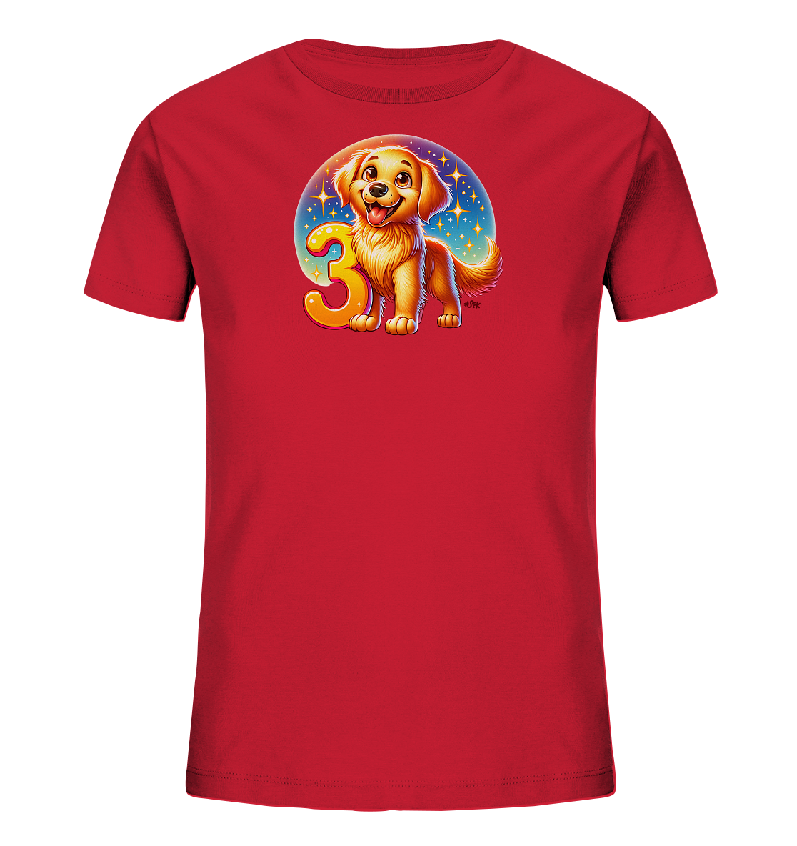 Onlineshop Shirts fuer Kinder - Das Bild zeigt ein rotes T-Shirt fuer Kinder. Darauf ist eine runde Grafik mit einem freundlichen Cartoon-Hund abgebildet. Neben dem Hund steht die grosse Zahl '3' in Gold-Orange. Der Hintergrund der Grafik ist ein blauer Sternenhimmel, was dem Design einen froehlichen Touch verleiht.