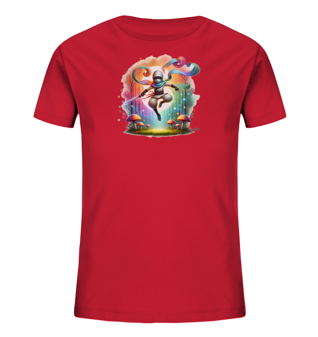 Onlineshop Shirts fuer Kinder - Das rote T-Shirt zeigt eine dynamische Illustration eines maskierten Kriegers oder Ninjas in einer fantastischen Umgebung. Die Figur springt vor einem leuchtenden Hintergrund, umgeben von gluehenden Pilzen und bunten Elementen. Das detailreiche Design ist farbenfroh und vermittelt einen Hauch von Abenteuer.