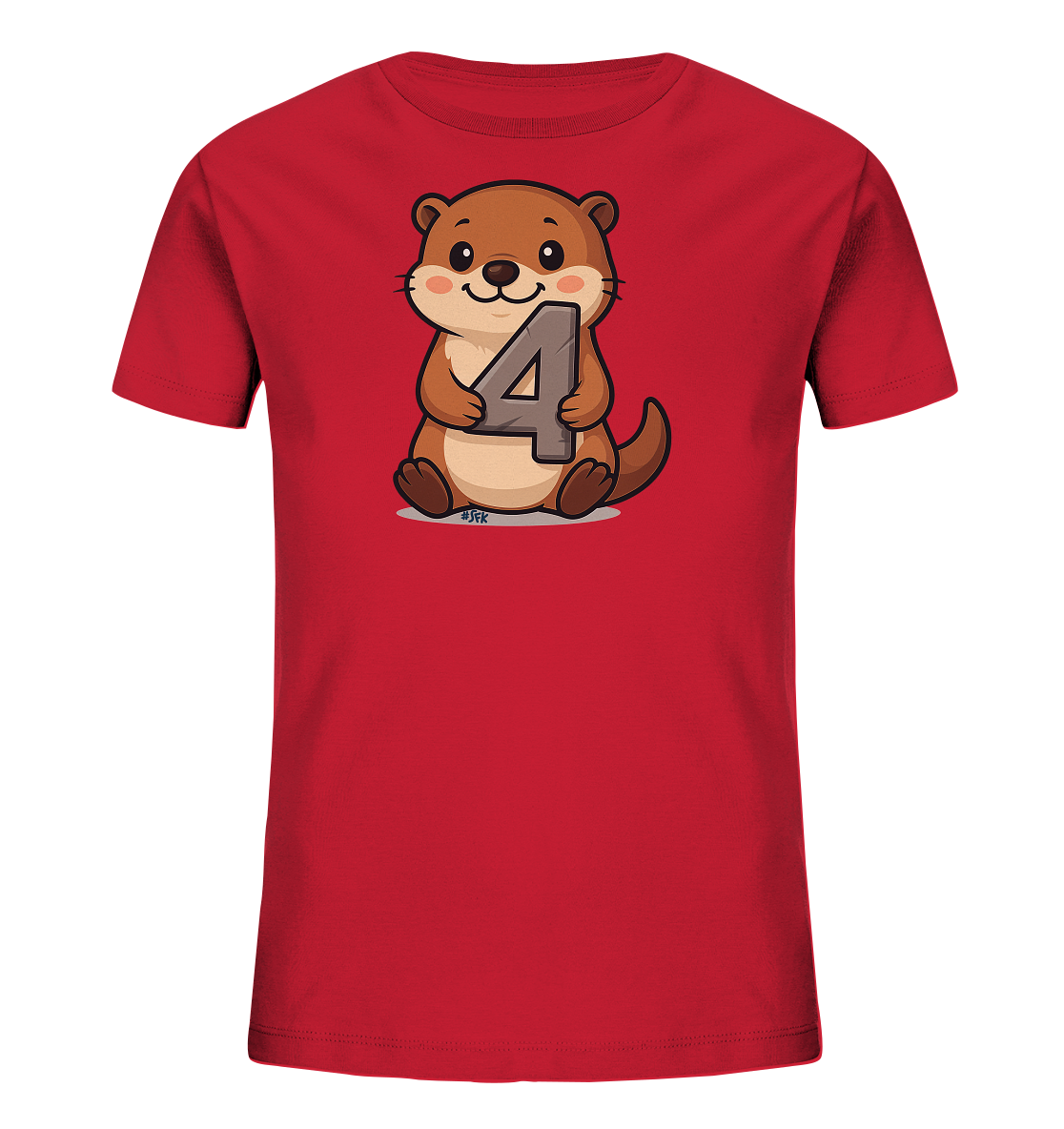 Onlineshop Shirts fuer Kinder - Das Bild zeigt ein rotes Kinder-T-Shirt. Auf der Vorderseite ist eine freundliche Cartoon-Illustration eines Otters zu sehen. Der Otter sitzt und haelt eine grosse, graue Zahl '4' in seinen Pfoten. Das Design ist niedlich und verspielt, ideal fuer Kinder.