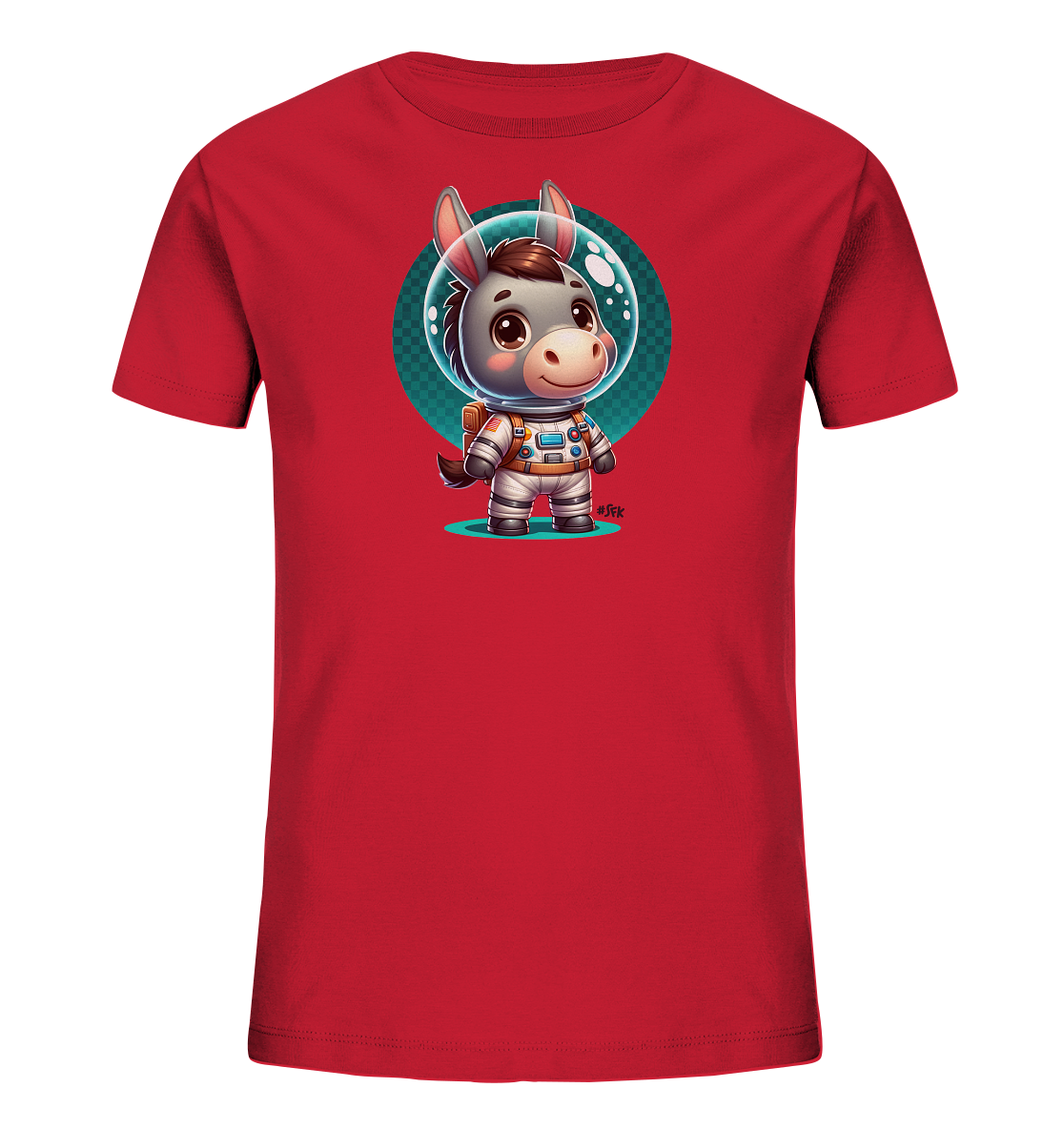 Onlineshop Shirts fuer Kinder - Das Bild zeigt ein rotes Kinder-T-Shirt mit einer Illustration eines niedlichen Esels im Astronautenanzug. Der Esel traegt einen Helm und steht vor einem runden Hintergrund mit einem Gittermuster. Die Darstellung ist detailreich und farbenfroh.