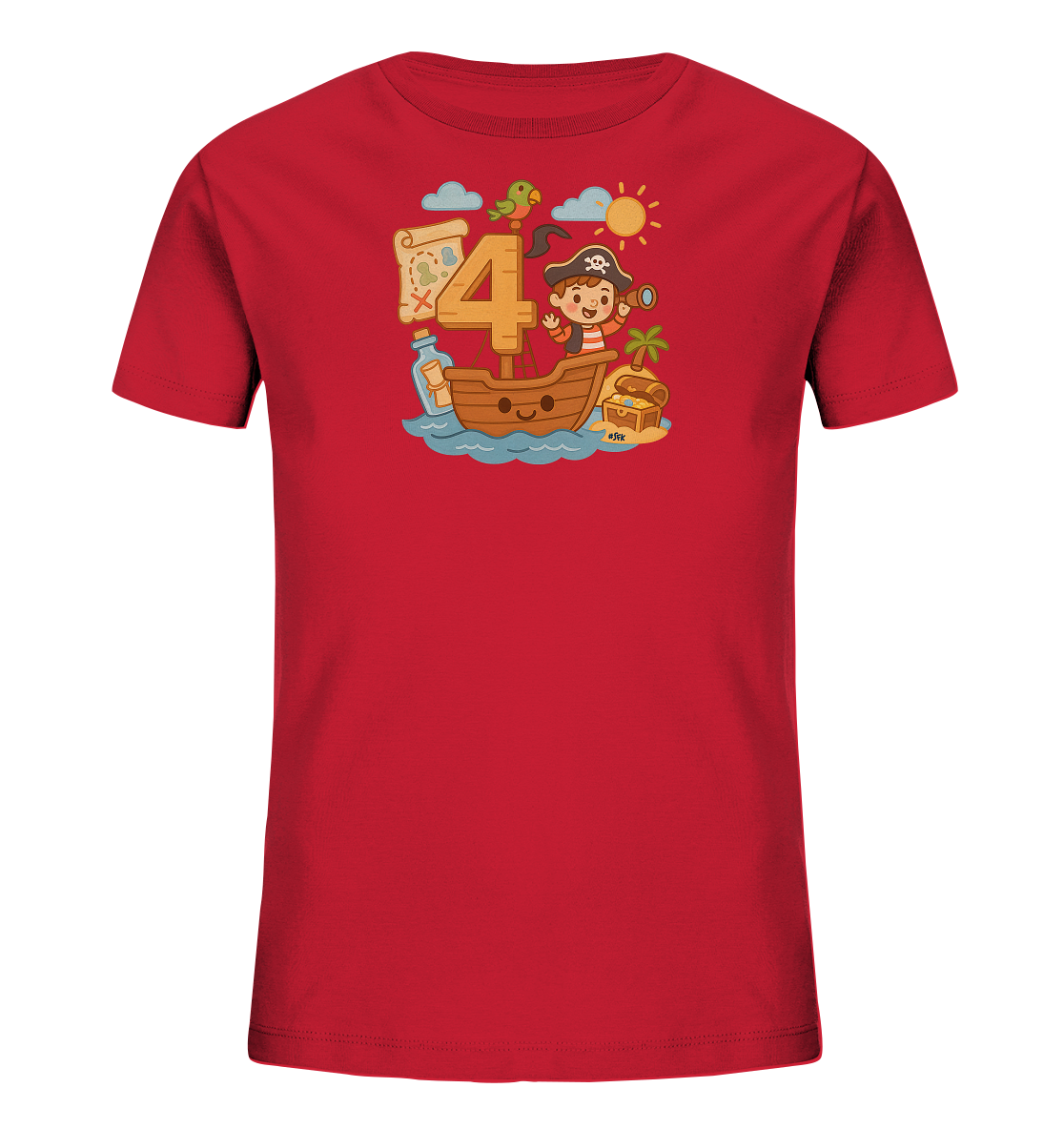 Onlineshop Shirts fuer Kinder - Das Bild zeigt ein rotes Kinder-T-Shirt. Auf der Vorderseite befindet sich eine bunte Grafik eines Piratenschiffs mit einem kleinen Piraten und der grossen Zahl '4'. Die Szene zeigt zusaetzlich einen Schatz, eine Schatzkarte, eine Flaschenpost und einen Papagei. Das verspielte Design hat ein maritimes Thema und eignet sich gut fuer junge Abenteurer.