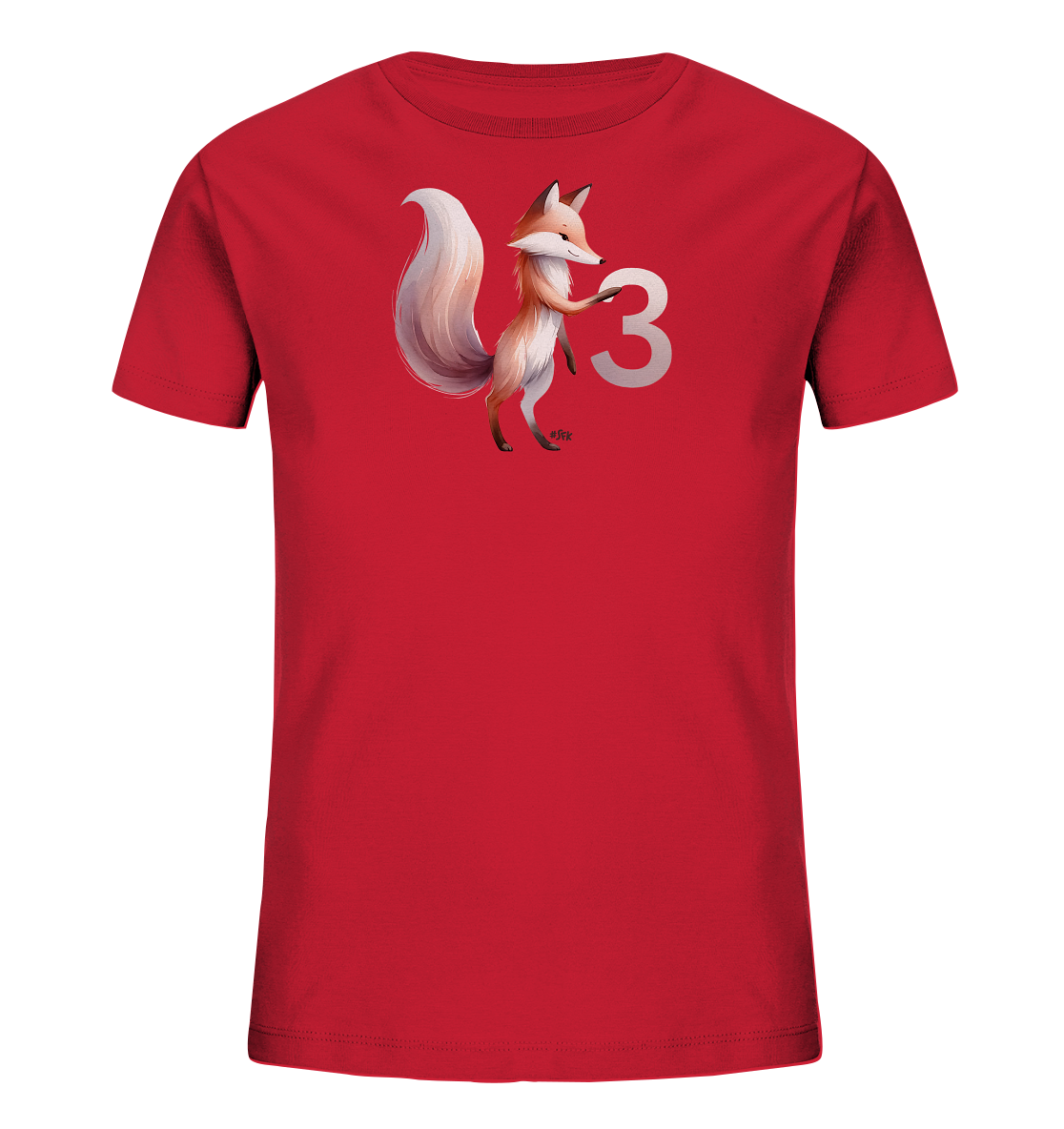 Onlineshop Shirts fuer Kinder - Dieses rote Kinder T-Shirt zeigt eine niedliche Illustration eines Fuchses. Der Fuchs steht aufrecht und haelt die grosse, silberne Zahl '3'. Das Design ist verspielt und froehlich, mit dem freundlichen Fuchs als zentrales Motiv. Es eignet sich ideal fuer Kinder und hat einen klaren, ansprechenden Aufdruck.