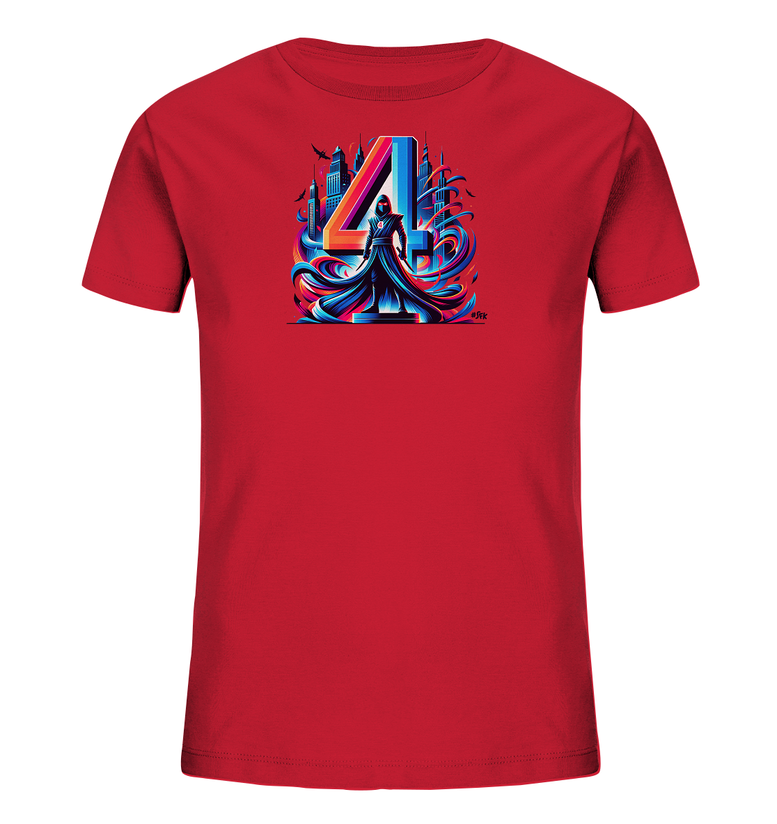 Onlineshop Shirts fuer Kinder - Das Bild zeigt ein rotes Kinder-T-Shirt mit einem auffaelligen grafischen Druck auf der Vorderseite. Das Design zeigt eine grosse Zahl '4' mit einer mysterioesen Figur davor, umgeben von dynamischen, farbigen Strudeln. Im Hintergrund ist eine stilisierte Stadtsilhouette zu erkennen, die dem Motiv Tiefe verleiht. Die leuchtenden Farben wie Blau, Orange und Pink heben sich stark vom roten Shirt ab.