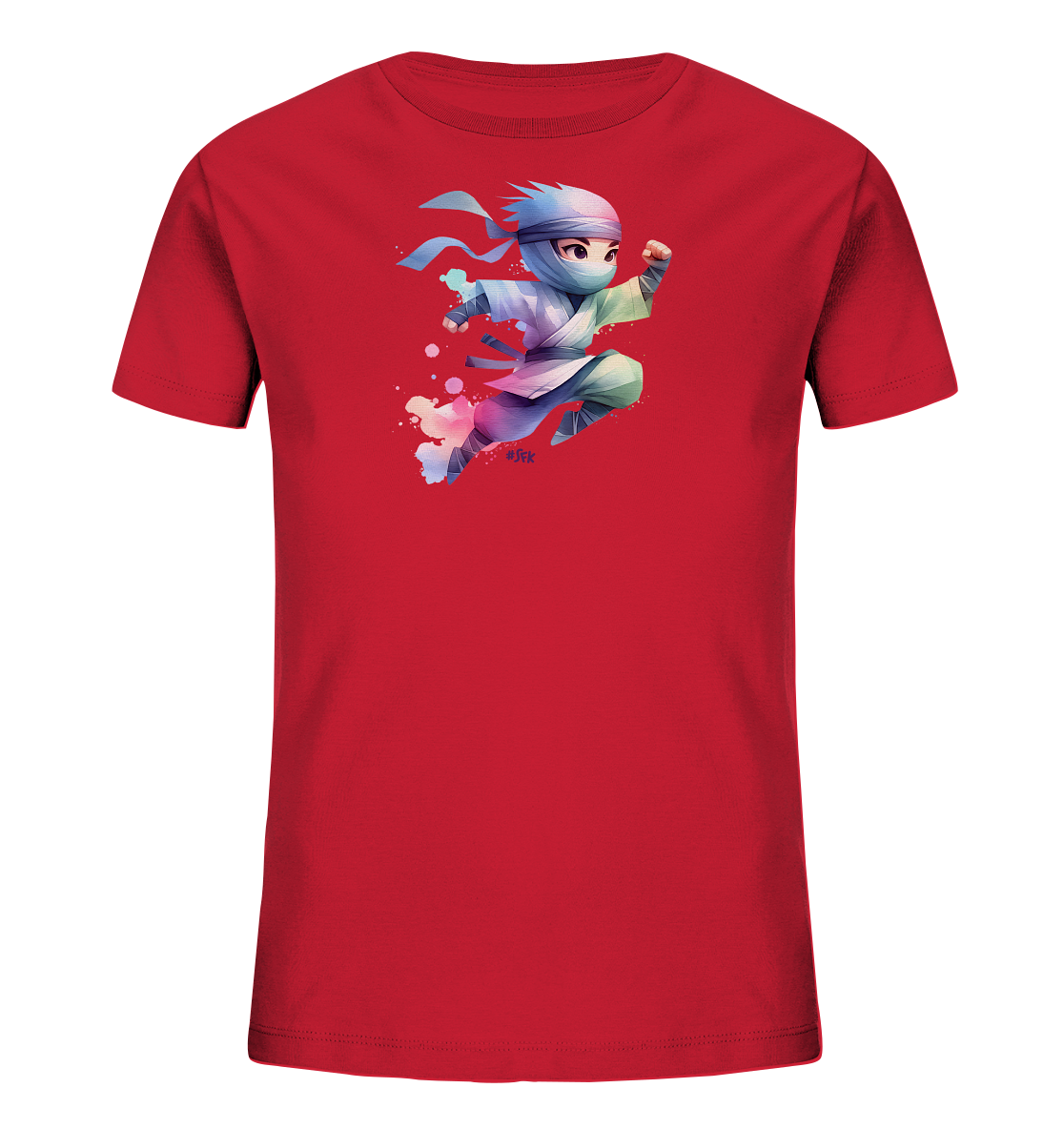 Onlineshop Shirts fuer Kinder - Das Bild zeigt ein rotes T-Shirt fuer Kinder mit einem dynamischen Motiv eines springenden Ninjas. Der Cartoon-Charakter traegt eine blaue Kopfbedeckung sowie einen weissen und gruenen Anzug. Farbige Spritzer in Blau, Pink und Lila umgeben die Figur, was dem Design eine lebhafte Wirkung verleiht. Das Shirt ist schlicht gehalten, um das Motiv hervorzuheben.