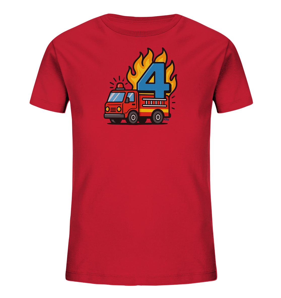 Onlineshop Shirts fuer Kinder - Das Bild zeigt ein rotes Kinder-T-Shirt mit einem lebhaften Druck. Zentral auf der Vorderseite ist eine Zeichentrick-Feuerwehr abgebildet. Dahinter ragt eine grosse blaue Zahl '4' empor, umgeben von lodernden Flammen in Gelb und Orange. Das Design ist detailreich und farbenfroh, ideal fuer junge Fans von Einsatzfahrzeugen.