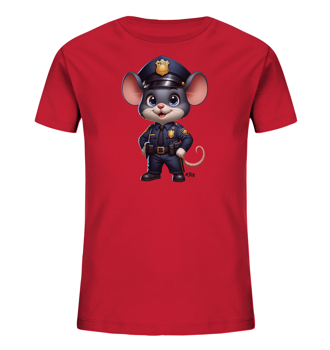 Onlineshop Shirts für Kinder - Das Bild zeigt ein rotes Kinder-T-Shirt, das flach ausgelegt ist. Auf der Vorderseite des Shirts ist eine detaillierte, cartoonhafte Illustration einer Maus zu sehen. Die Maus ist als Polizeibeamter gekleidet und trägt eine dunkelblaue Uniform mit Mütze, Abzeichen und Gürtel. Sie hat große Ohren, blaue Augen und einen freundlichen Gesichtsausdruck, der dem Motiv einen sympathischen Charakter verleiht.