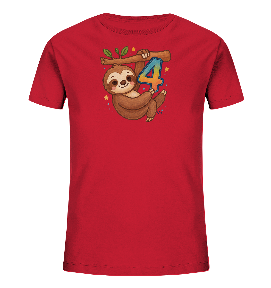 Onlineshop Shirts fuer Kinder - Das Bild zeigt ein leuchtend rotes Kinder-T-Shirt mit einem bezaubernden Druck. Darauf ist ein laechelndes Faultier zu sehen, das an einem Ast haengt. Neben dem Faultier ist die Zahl '4' in bunten Farbtoenen gestaltet, umgeben von Sternen und Punkten. Dieses Design ist verspielt und froehlich.