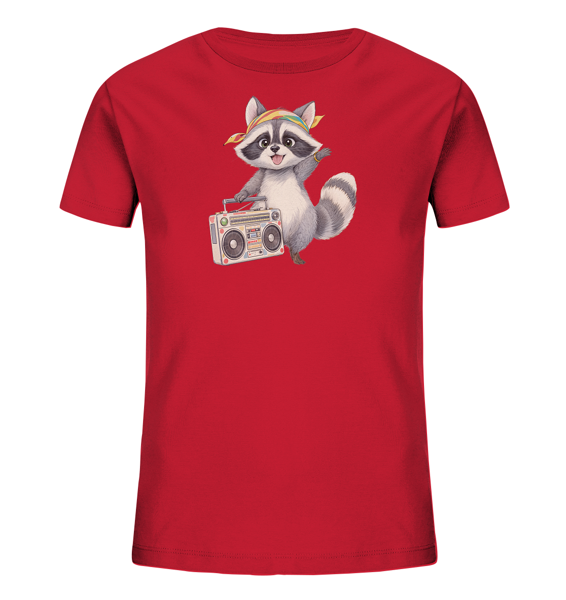Onlineshop Shirts fuer Kinder - Das Bild zeigt ein leuchtend rotes T-Shirt fuer Kinder. Darauf ist ein froehlicher, cartoonartiger Waschbaer abgebildet, der ein buntes Stirnband traegt. Der Waschbaer haelt eine klassische Boombox und scheint Musik zu geniessen. Das Design wirkt verspielt und lebendig.