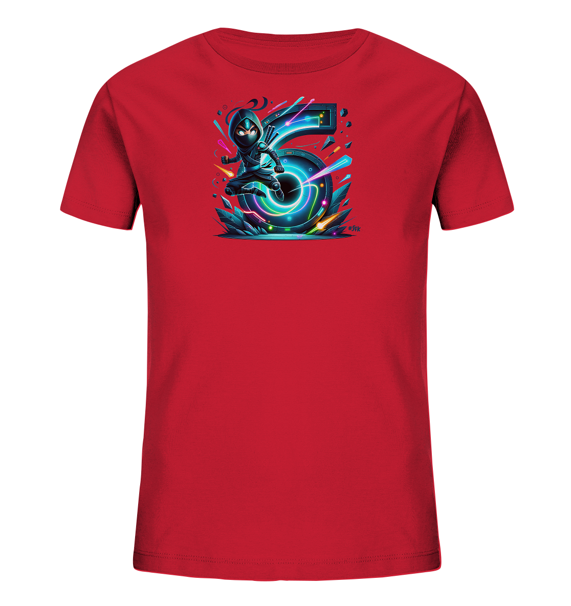 Onlineshop Shirts fuer Kinder - Dieses rote Kinder-T-Shirt zeigt eine dynamische Grafik mit der Zahl 5. Eine stilisierte Figur im Ninja-Look posiert neben der leuchtenden, neonfarbenen Ziffer. Das Design im Cyberpunk-Stil ist von hellen Blautoenen, Pink und Gelb gepraegt. Kleine geometrische Elemente und Kristalle runden das futuristische Bild ab.