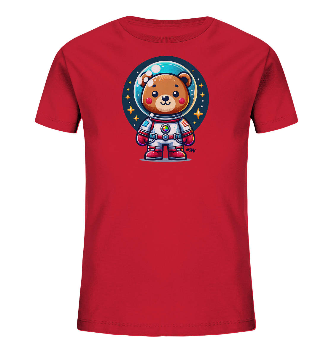 Onlineshop Shirts fuer Kinder - Das Bild zeigt ein rotes Kinder-T-Shirt mit einem farbenfrohen Aufdruck auf der Vorderseite. Das Motiv stellt einen niedlichen, cartoonhaften Baeren in einem Astronautenanzug dar. Der Baer steht vor einem runden Hintergrund, der den Sternenhimmel und Planeten zeigt. Das Design ist ansprechend und fantasievoll gestaltet.